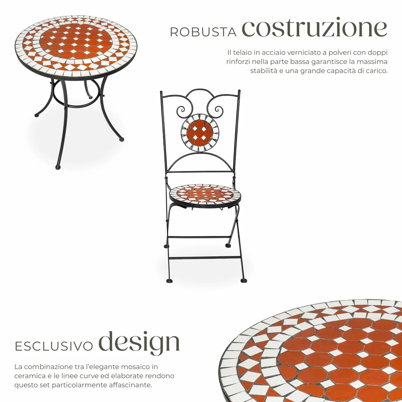 tectake Set da Giardino con Lavorazione a Mosaico, Tavolino e Sedie Pieghevoli, Telaio in Metallo, Marrone