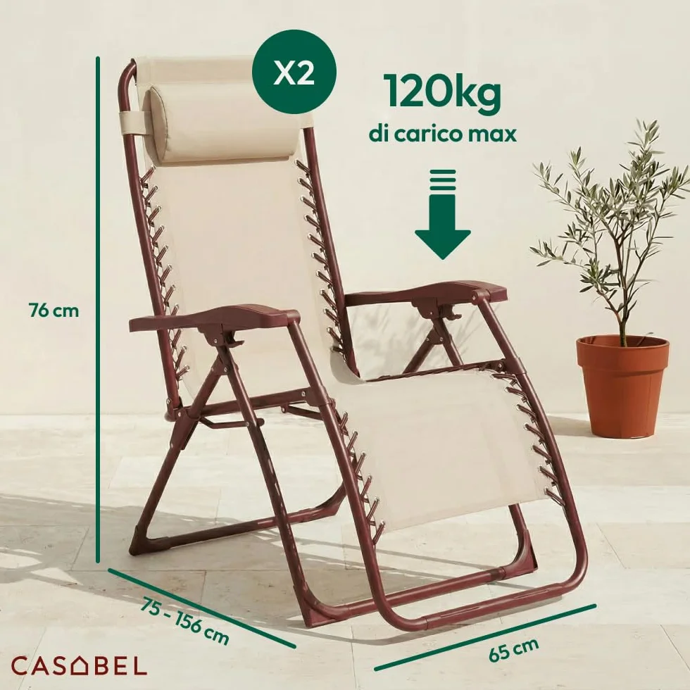 CASABEL Poltrona Relax Gravità Zero Pieghevole con Cuscino, 2 Poltrone Reclinabili Regolabili per Giardino, Balcone o Campeggio con Struttura Acciaio e Tessuto Textilene resistente, Terracotta