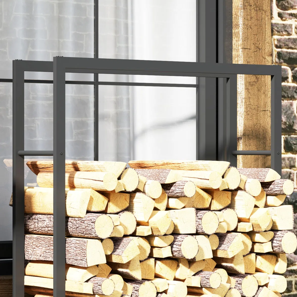Outsunny Scaffale Portalegna da Esterno e Interno con Ruote, Legnaia in Metallo Rinforzato, 0.43m³, 120x32x151cm, Nero