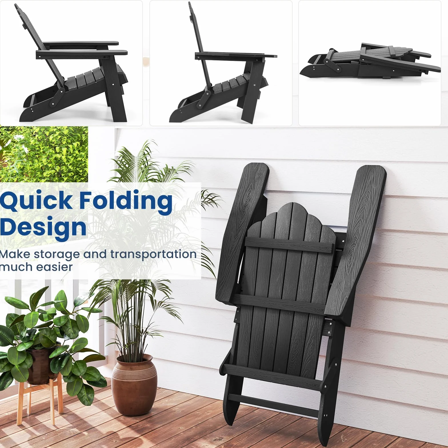 KOMFOTTEU Adirondack - Sedia pieghevole, sedia da giardino con schienale inclinato e braccioli larghi, poltrona ergonomica con carico di 180 kg, seduta esterna per balcone, terrazza (nero)