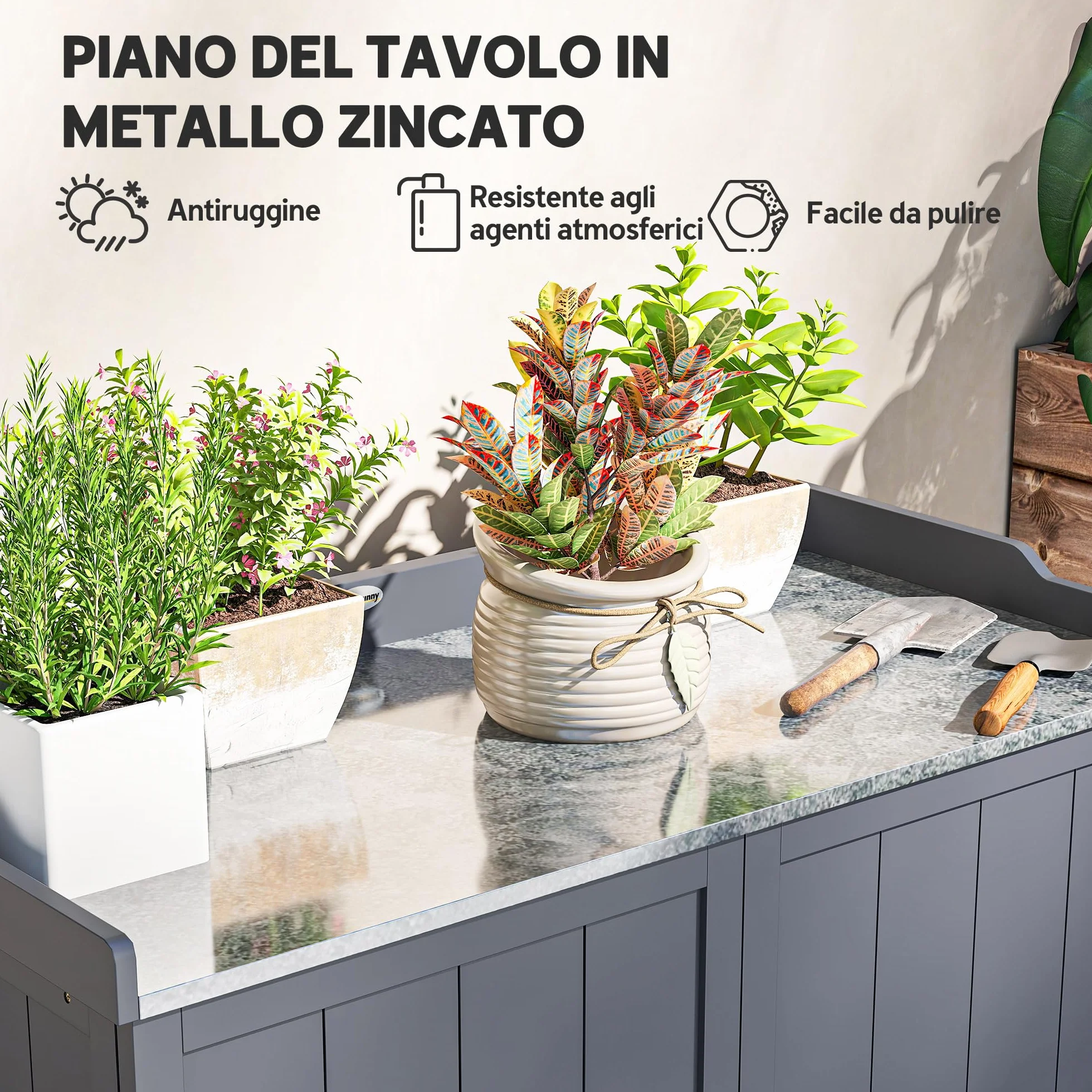 Outsunny Armadietto da Esterno in Legno di Abete con Piano da Lavoro in Metallo Zincato e 2 Ripiani Porta Attrezzi, 98x48x95.5 cm, Grigio