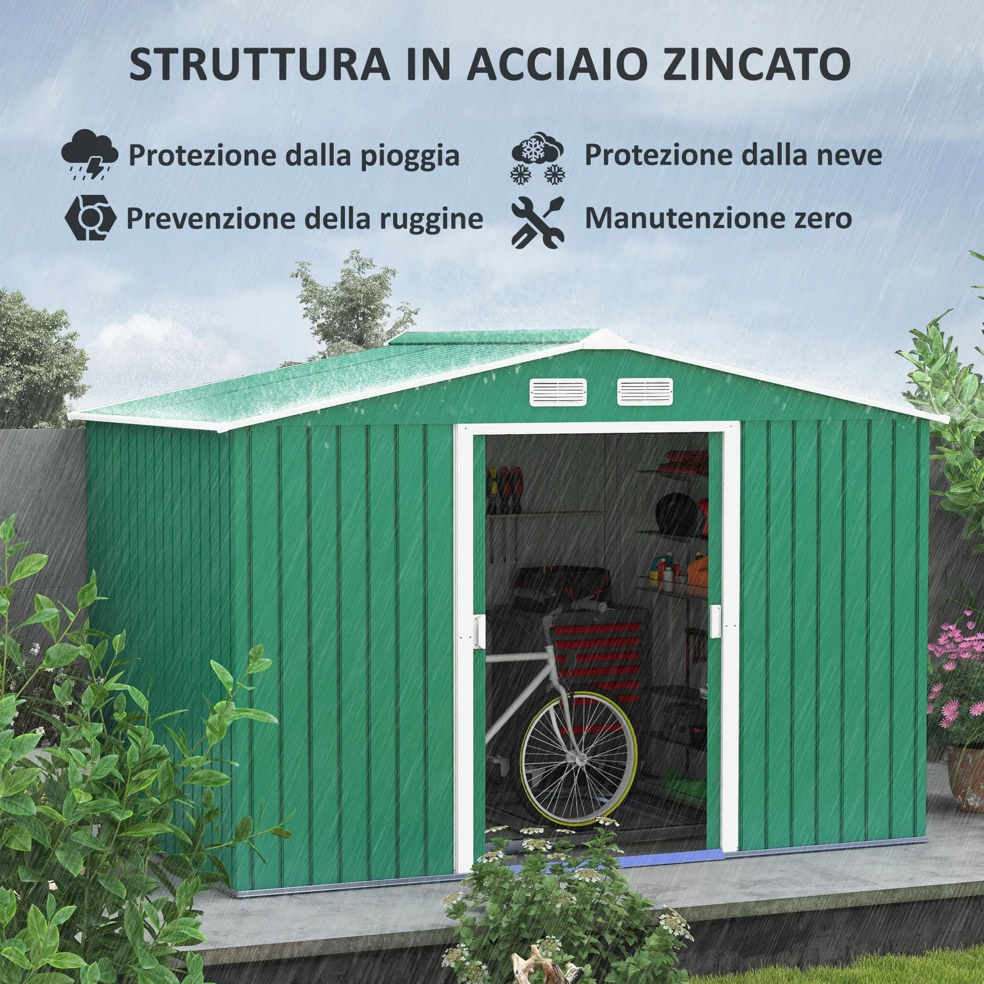 Outsunny Casetta da Giardino 4.9 m² Lamiera d'Acciaio 277x195x192 cm Verde Scuro
