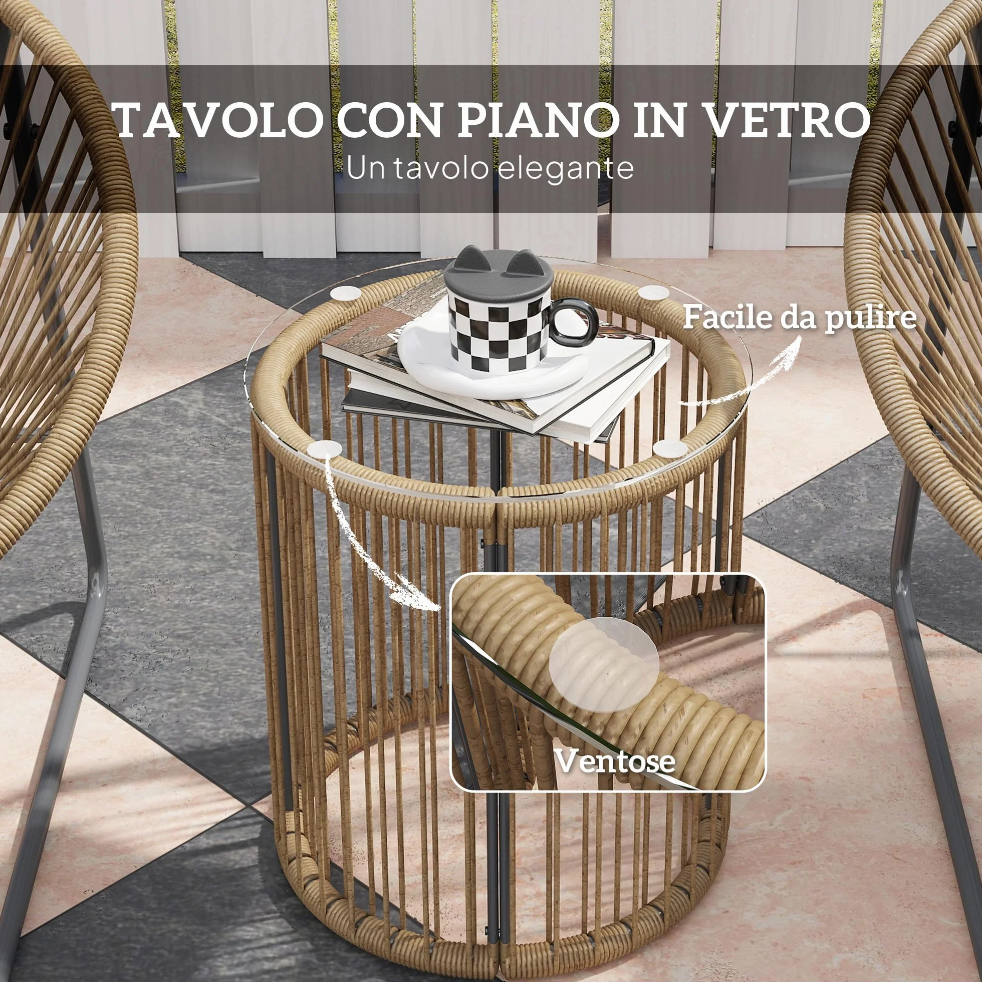 Outsunny Set da Giardino 3 Pezzi Rattan PE Acciaio, 2 Sedie Cuscini Lavabili Tavolino Caffè Vetro, Mobili Balcone Patio Cortile