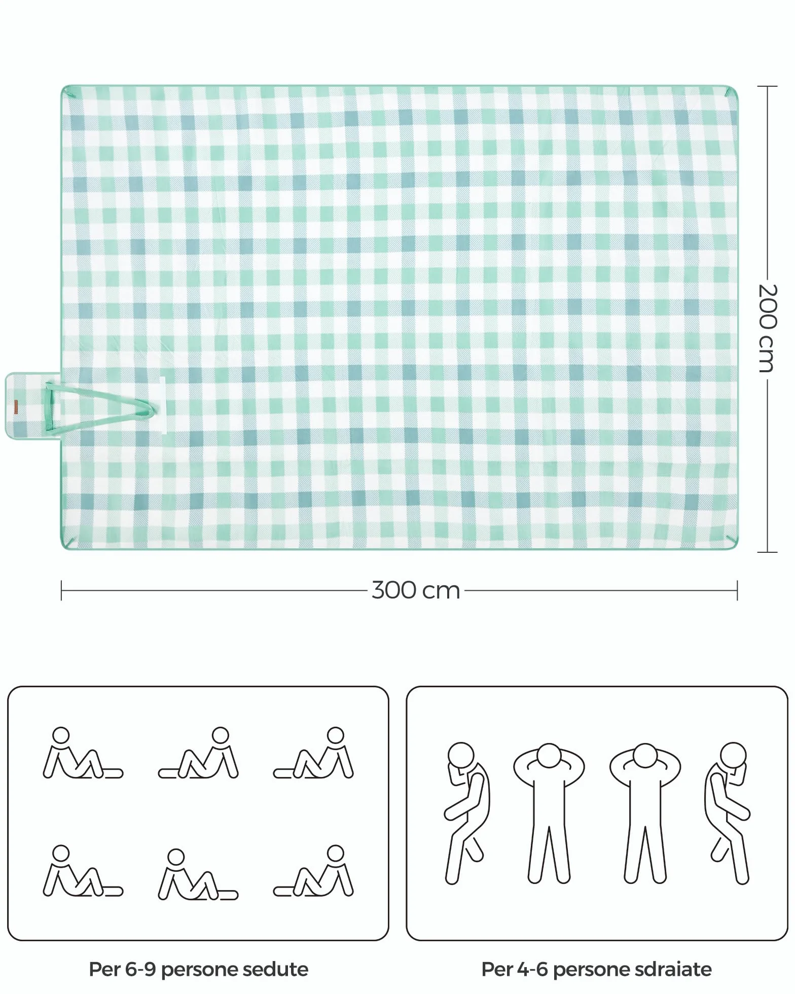 SONGMICS Coperta Picnic 300x200 cm Impermeabile Pieghevole Verde Bianco