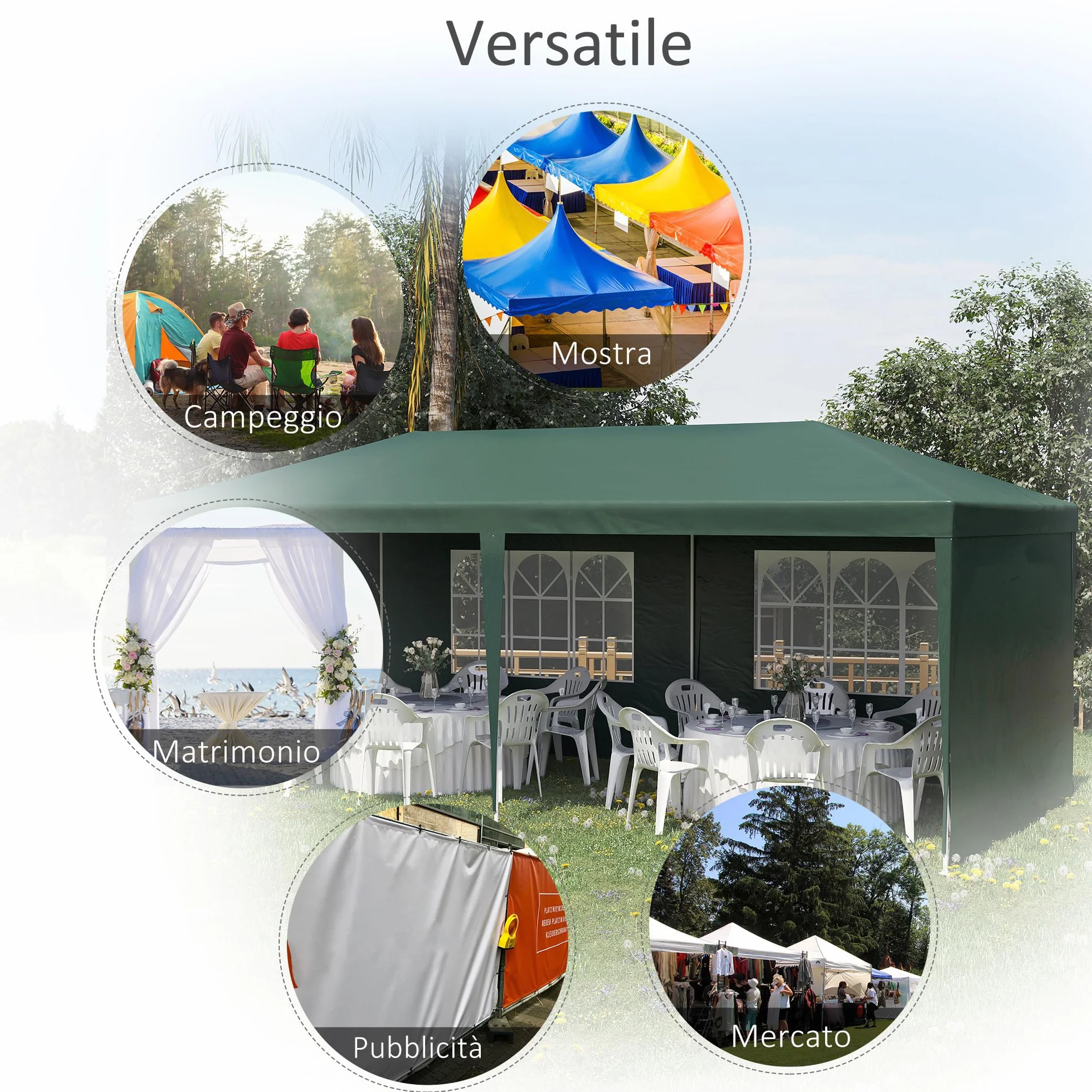 Outsunny Gazebo Giardino 6x3m Acciaio PE Protezione UV Pareti Rimovibili Finestre Verde