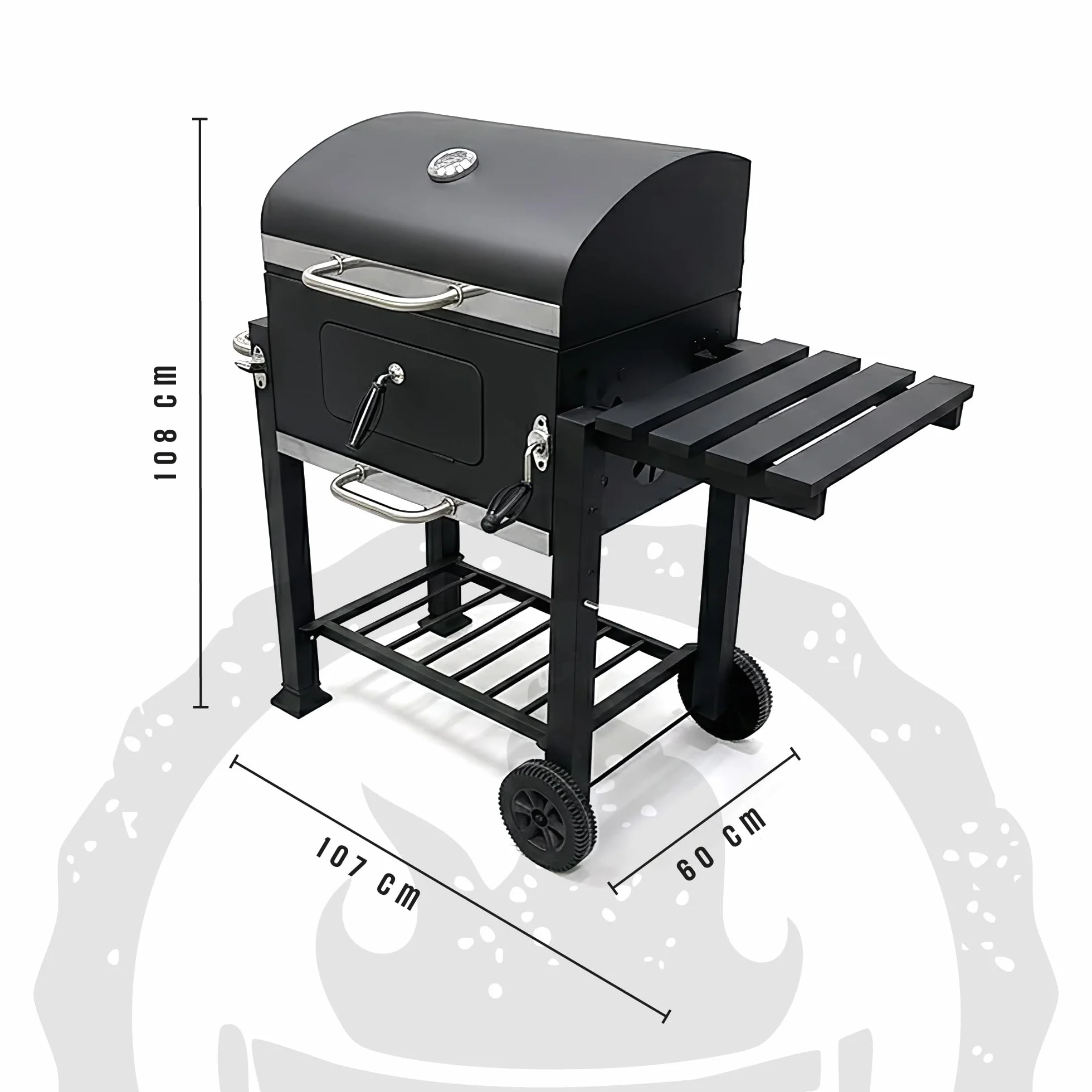 Barbecue a Carbone con Coperchio e Termometro, Griglia di Cottura e Mantenimento, Apertura Frontale, Ripiano Laterale, BBQ da Giardino con Ruote