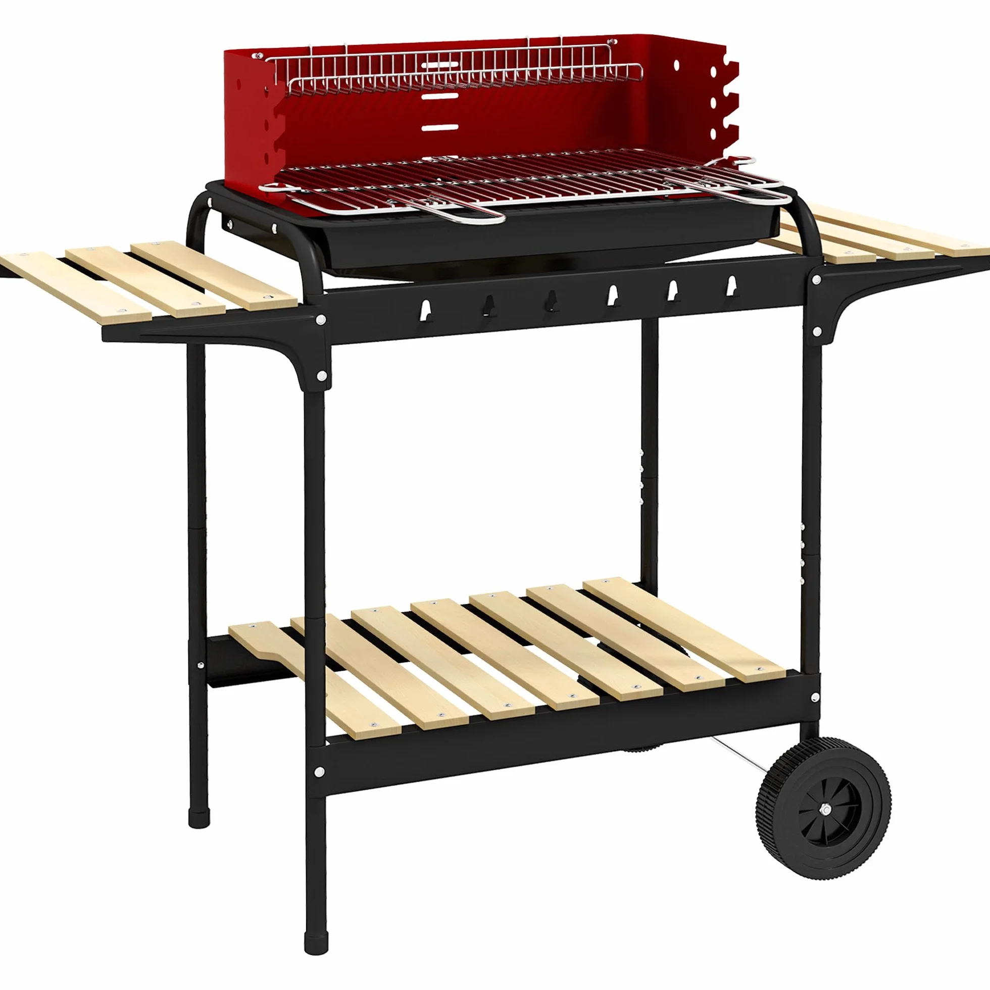 Outsunny Barbecue a Carbonella con Ruote, Griglia Regolabile, 3 Ripiani, 103x47x95 cm, Rosso