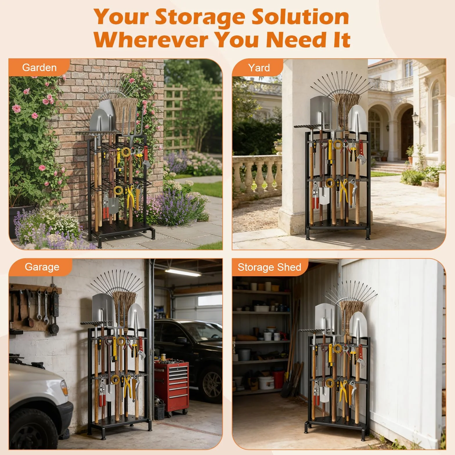 Porta Attrezzi da Giardino,Organizer per Attrezzi da Giardino,Supporto Metallo con 3 Livelli e Ruote, Conservazioneper Fino a 35 Attrezzi/Scope/Rastrelli a ManicoLungo