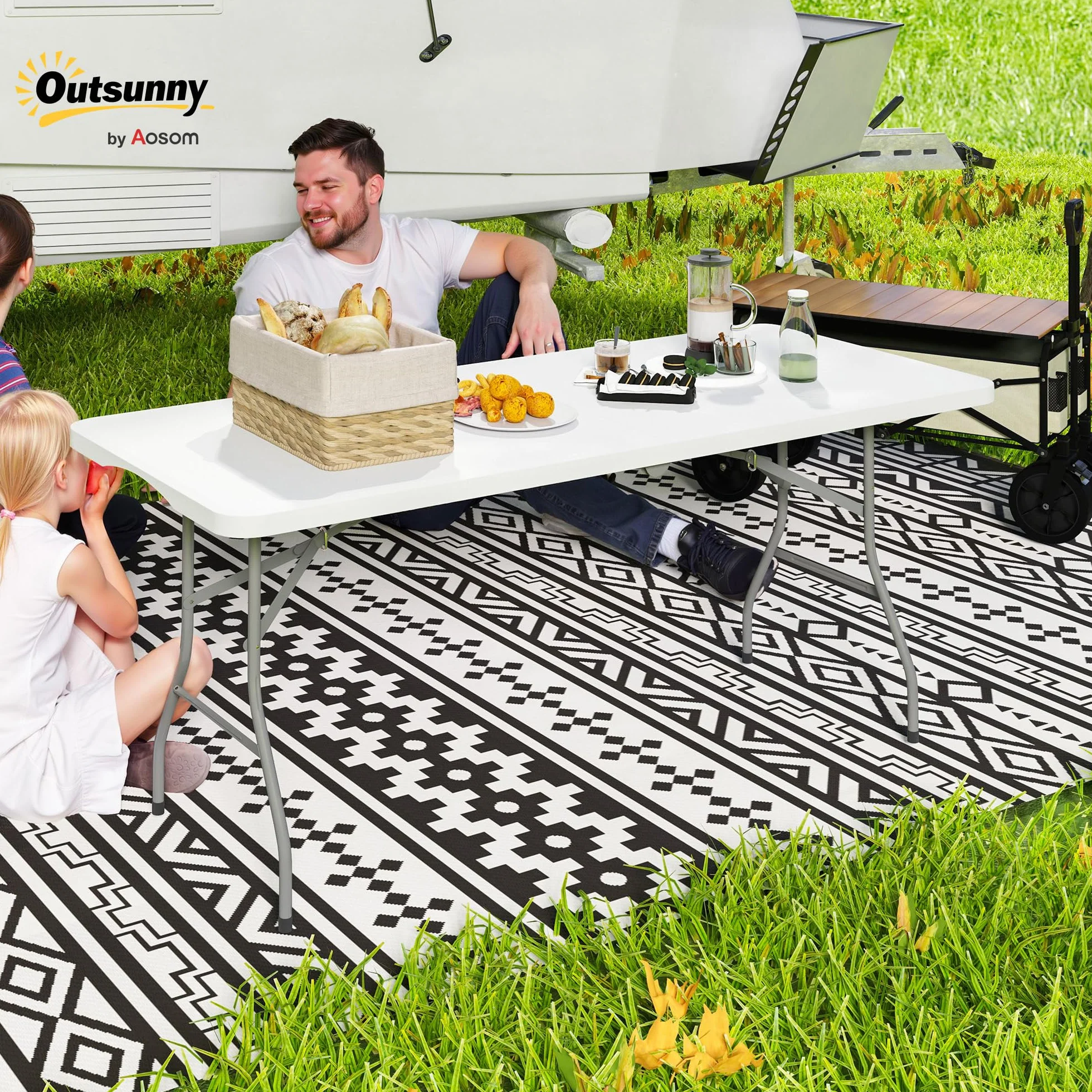 Outsunny Tavolo da Campeggio Pieghevole 180x74x74 cm Bianco, Tavolino da Esterno con Telaio in Metallo