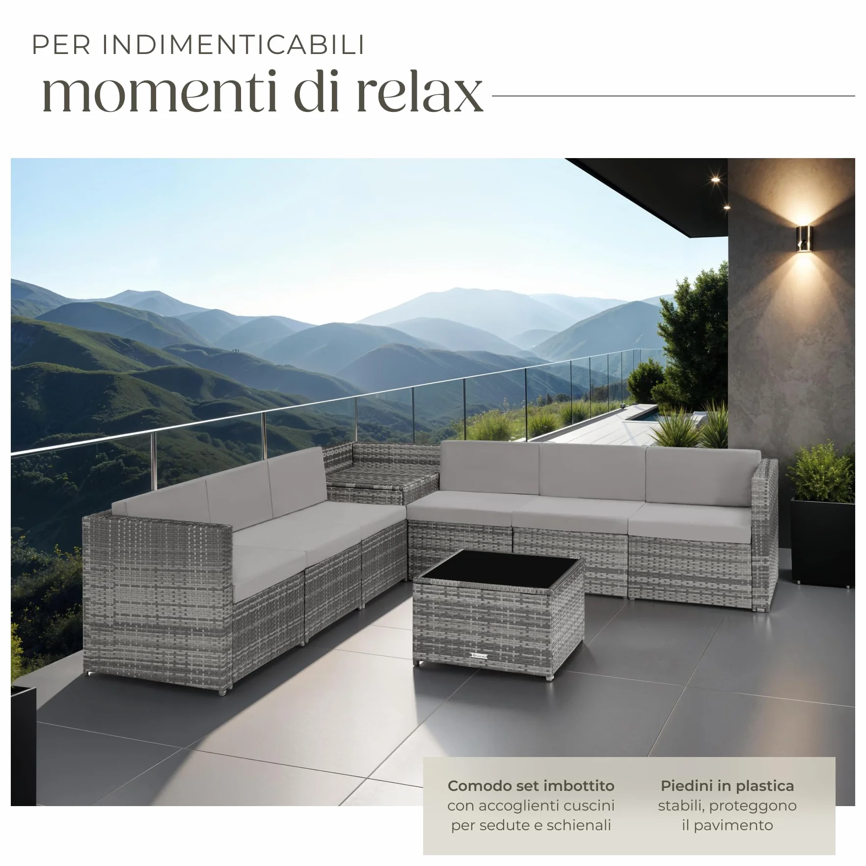 Salottino in Rattan Tectake Set da Conversazioni con Tavolo in Vetro e Box Contenitore Grigio