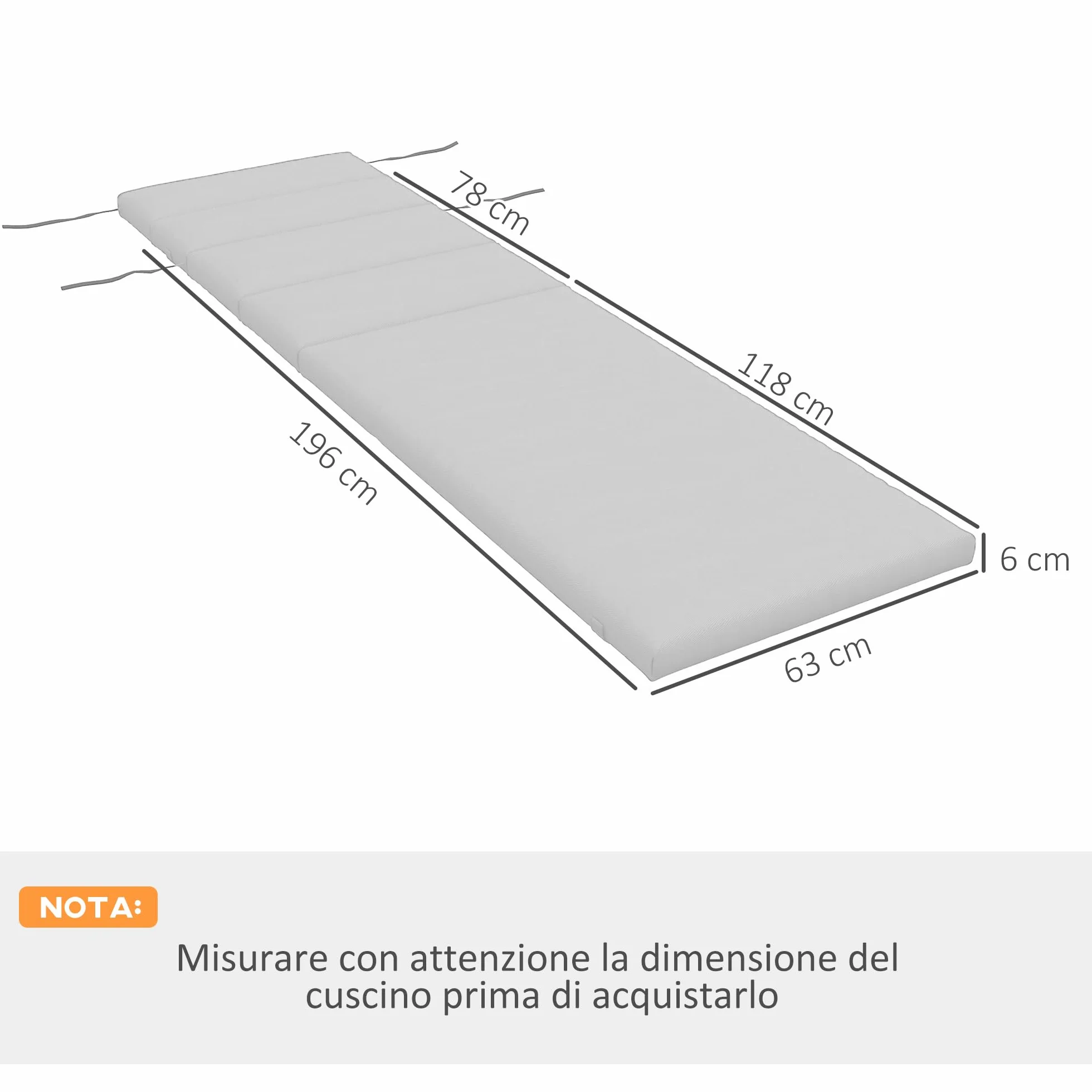 Outsunny Cuscino per Sdraio e Lettino Prendisole, Cuscino Imbottito con Poggiatesta e Lacci in Poliestere Resistente all'Acqua, Grigio Chiaro