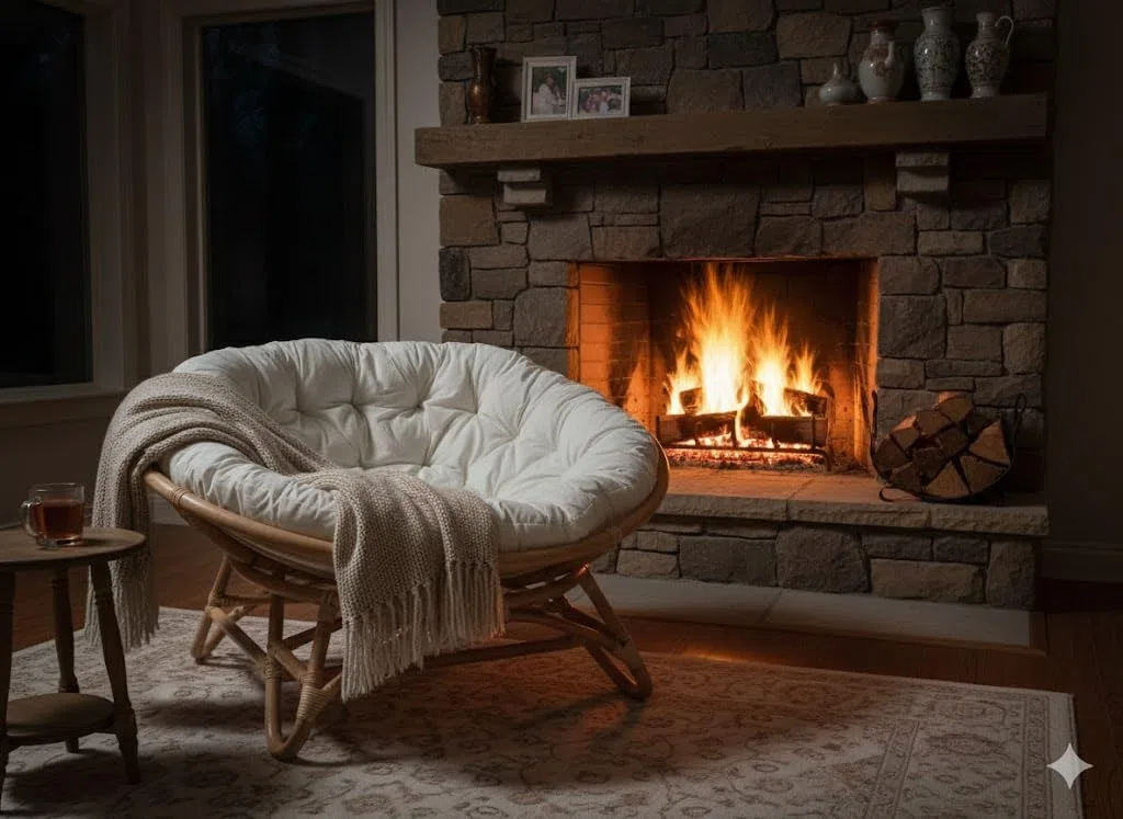 Poltrona in rattan naturale Papasan Ø 115 con cuscino, rotonda per esterno giardino veranda