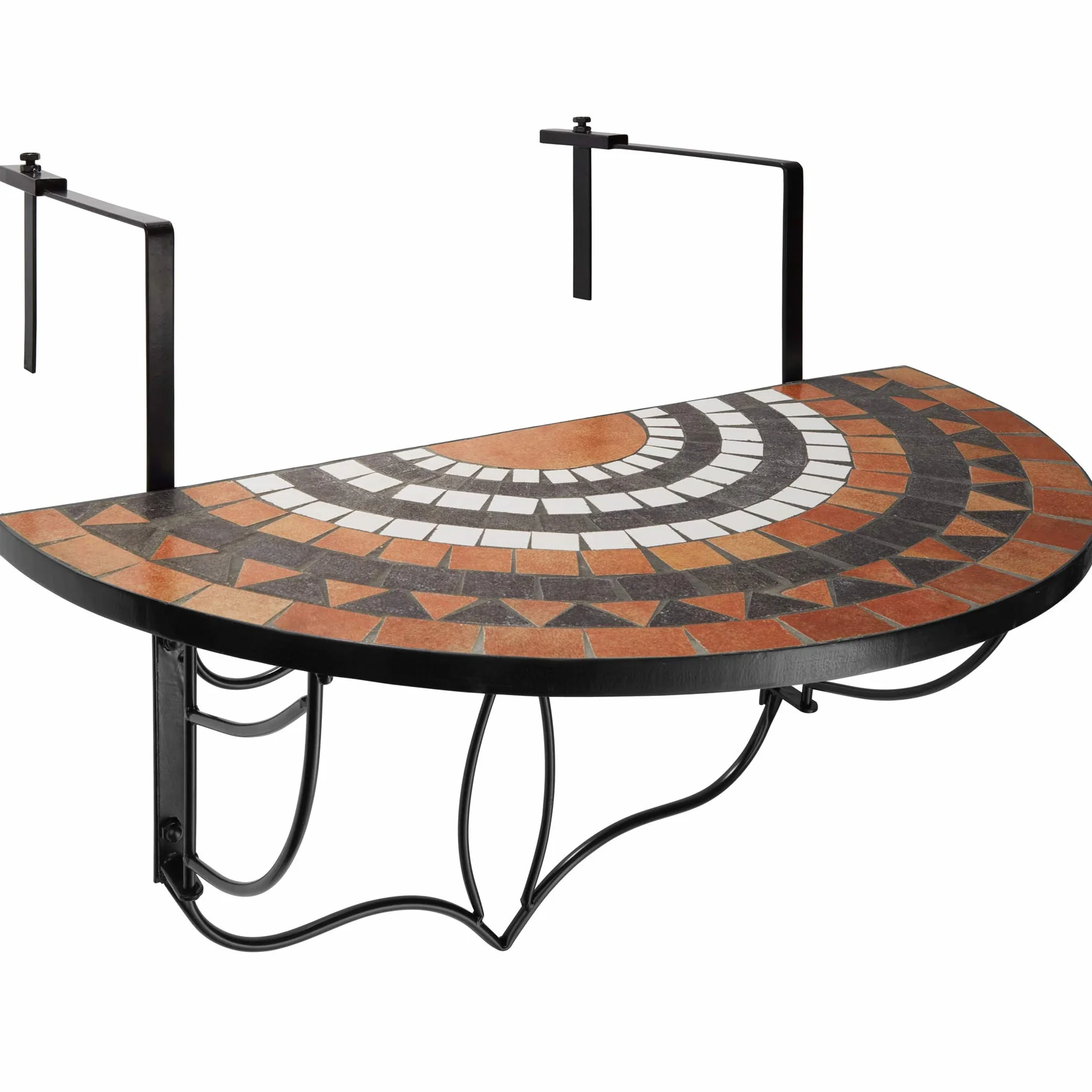 Tectake Tavolo da Balcone 75x65x62cm Mosaico di Pietra Ganci metallo Design Semicircolare Terracotta Bianco