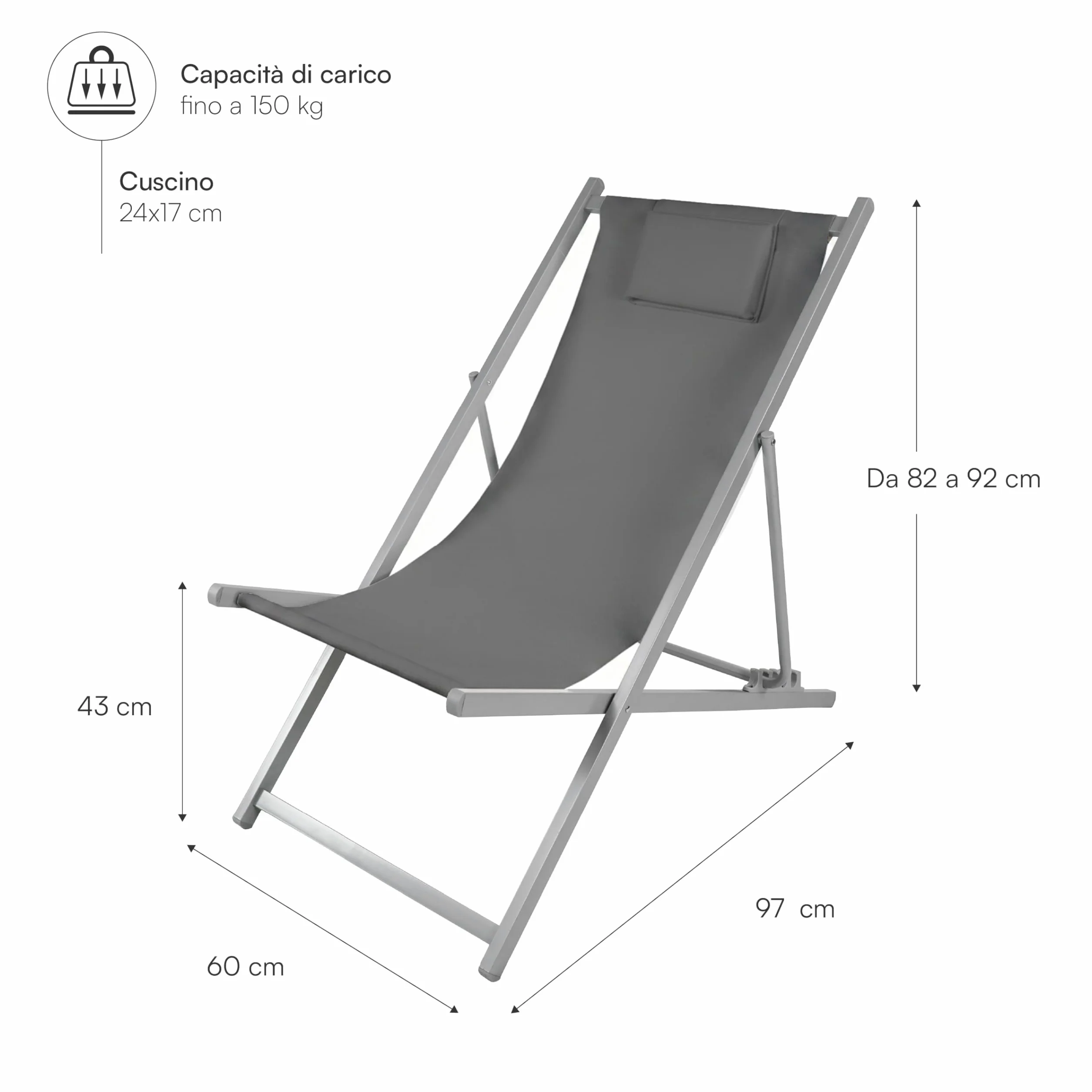 Baroni Home Sdraio da Giardino Pieghevole Reclinabile 60x97x92 cm Grigio