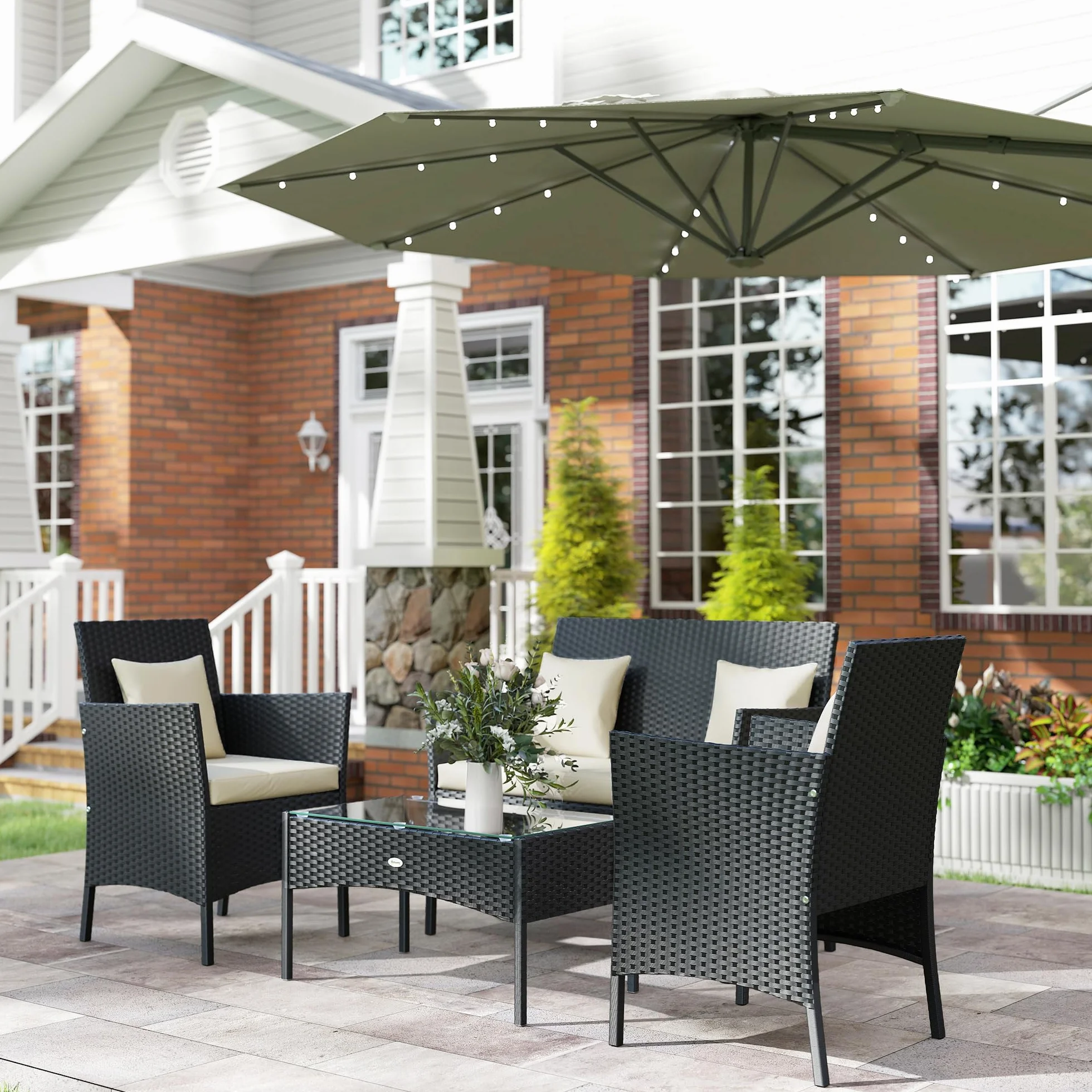 Outsunny Set da Giardino 4 Pezzi in Rattan con Sedie e Tavolino, Nero e Crema