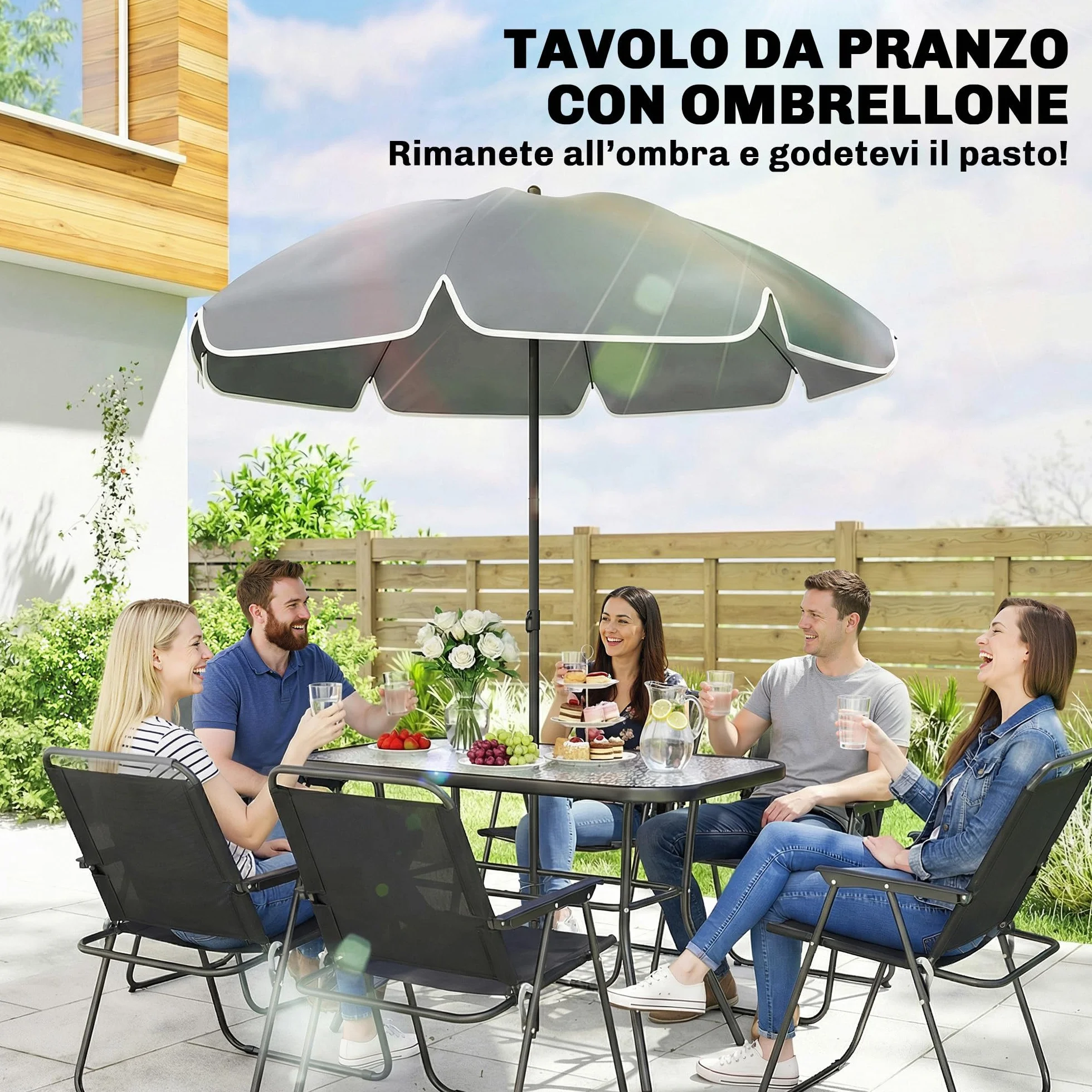 Outsunny Set Tavolo e Sedie da Giardino 8 Pezzi con Ombrellone, Acciaio, Vetro Temperato, Nero