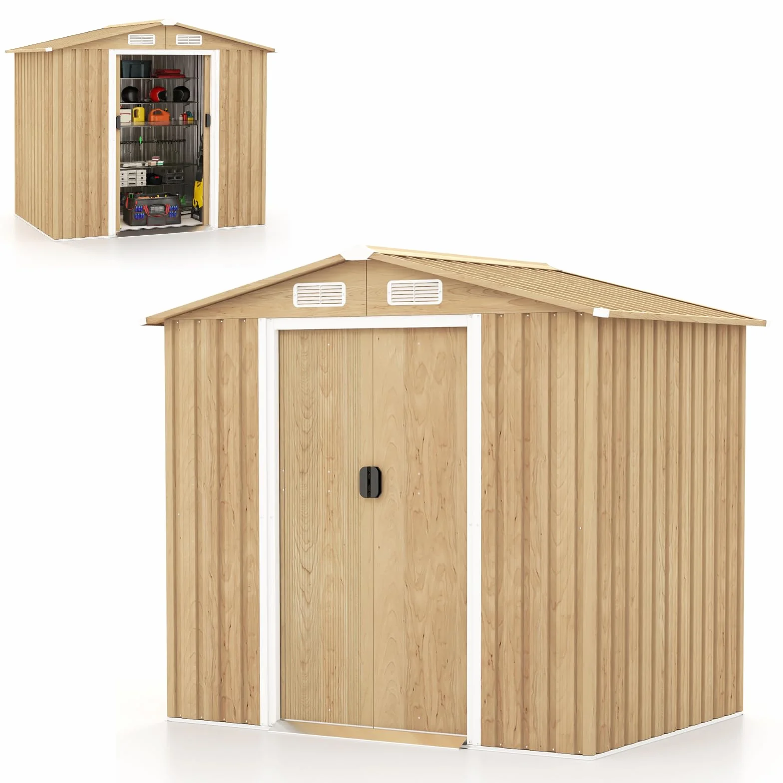 COSTWAY Casetta da Esterno 2,34㎡ Capanno Porta Attrezzi Lamiera Acciaio Zincata 196 x 142 x 186 cm