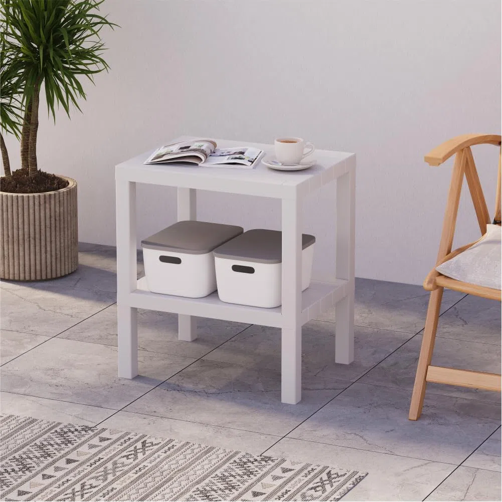 sugodesign OMBEG Tavolino multiuso a 2 ripiani, comodino, rettangolare, in plastica impermeabile, portata 10 kg per ripiano, per bagno, cucina, balcone, camera da letto (bianco)