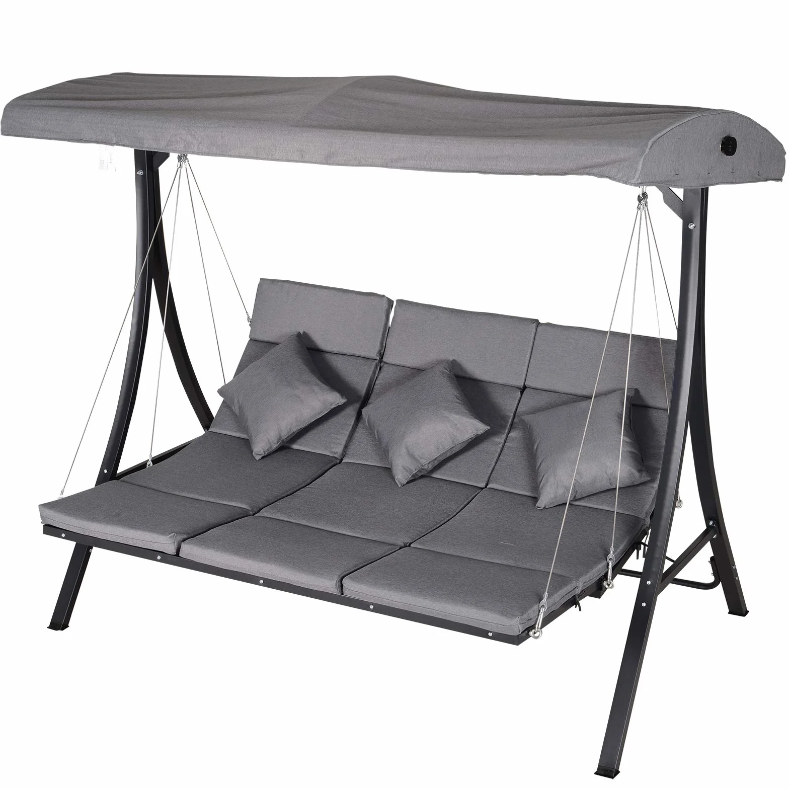 Outsunny Dondolo da Giardino a 3 Posti, Dondolo da Esterno con Chaise Longue e Tetto Regolabile, Nero e Grigio, 200 x 115 x 168 cm
