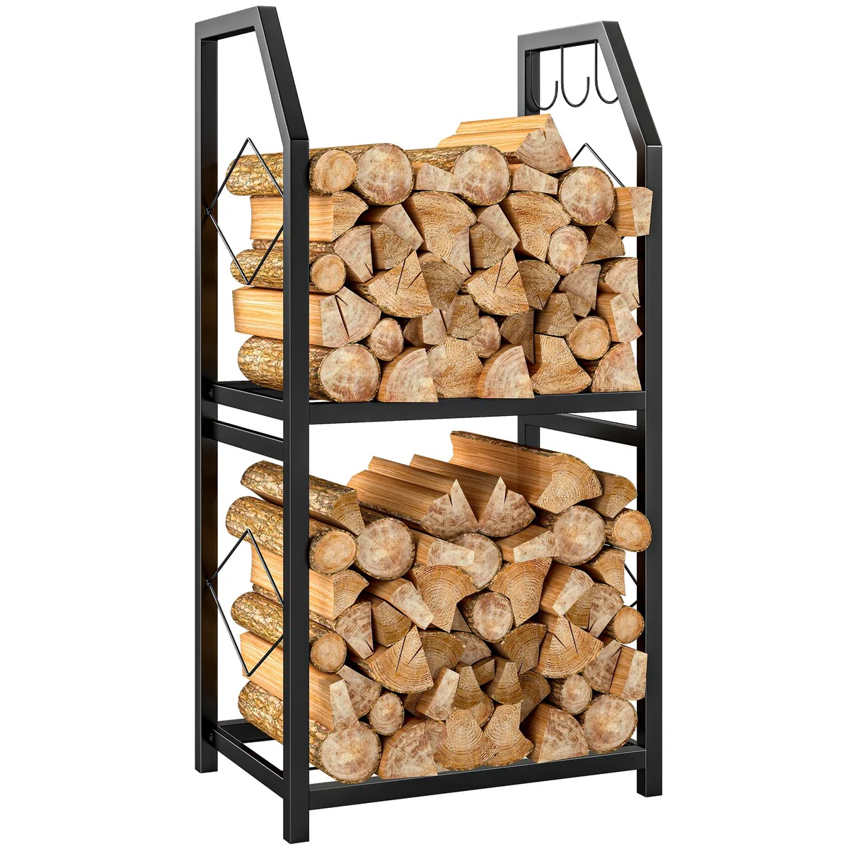 Outsunny Porta Legna in Metallo 2 Livelli 3 Ganci 100kg 41x30x81 cm Nero