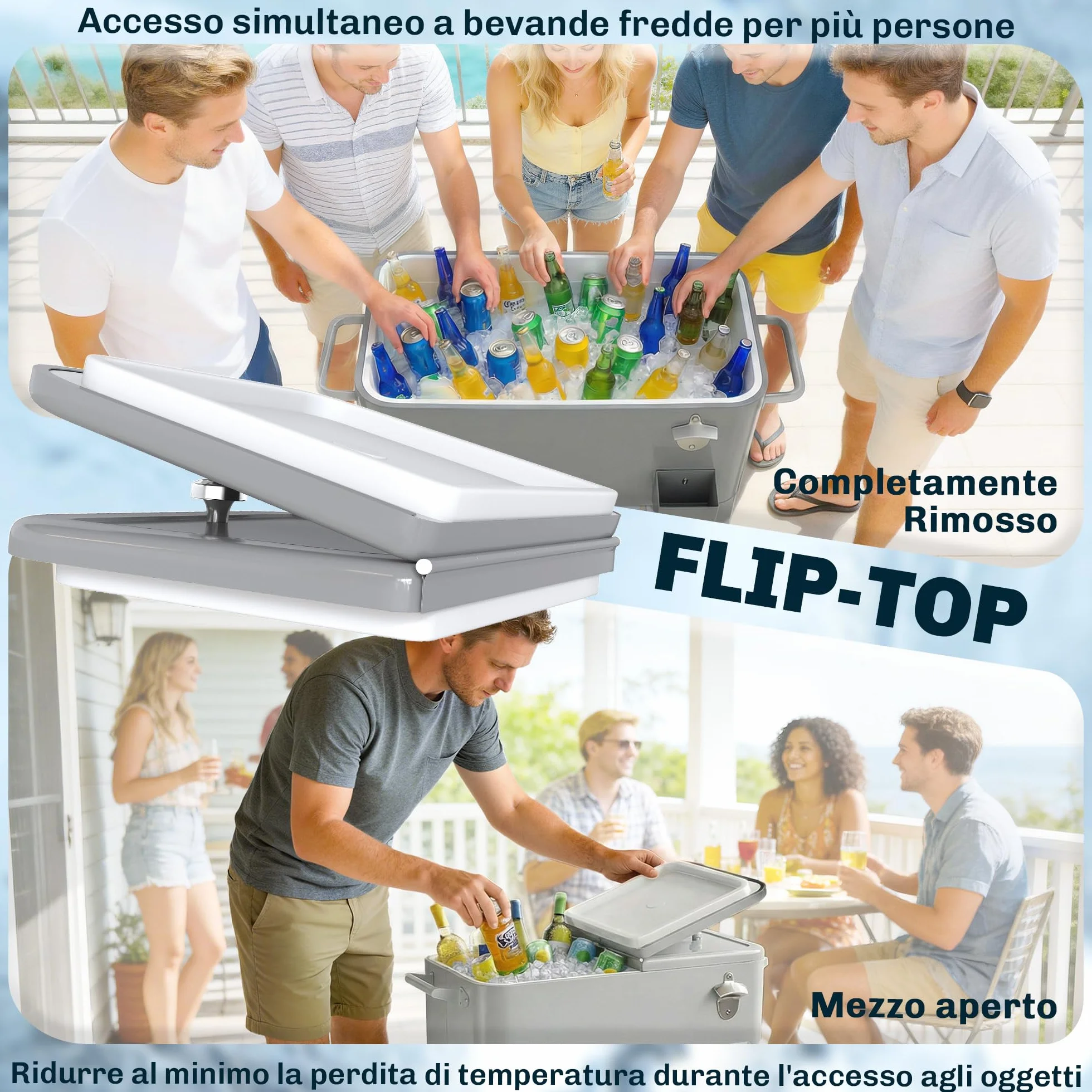 Outsunny Ghiacciaia da Giardino 76L, Carrello Portavivande con Ripiano, Apribottiglie, Ruote Bloccabili, Argento