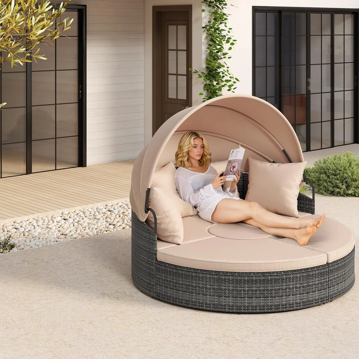 LIFEZEAL Isola Prendisole, Rattan Intrecciato a Mano, Componibile, Letto con Tettuccio Parasole Regolabile da Giardino Esterno, Salttto con Divani, Tavolino, Cuscini, Balcone, Mare, Piscina (beige)