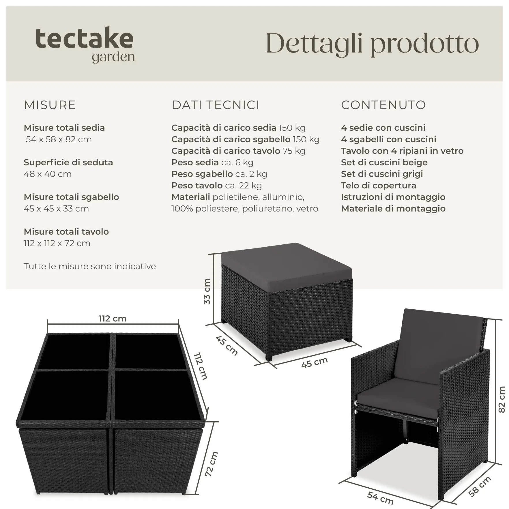 Tectake Set Mobili da Giardino Rattan Sintetico Alluminio 4 Sedie Tavolo 4 Sgabelli Involucro Protettivo Nero