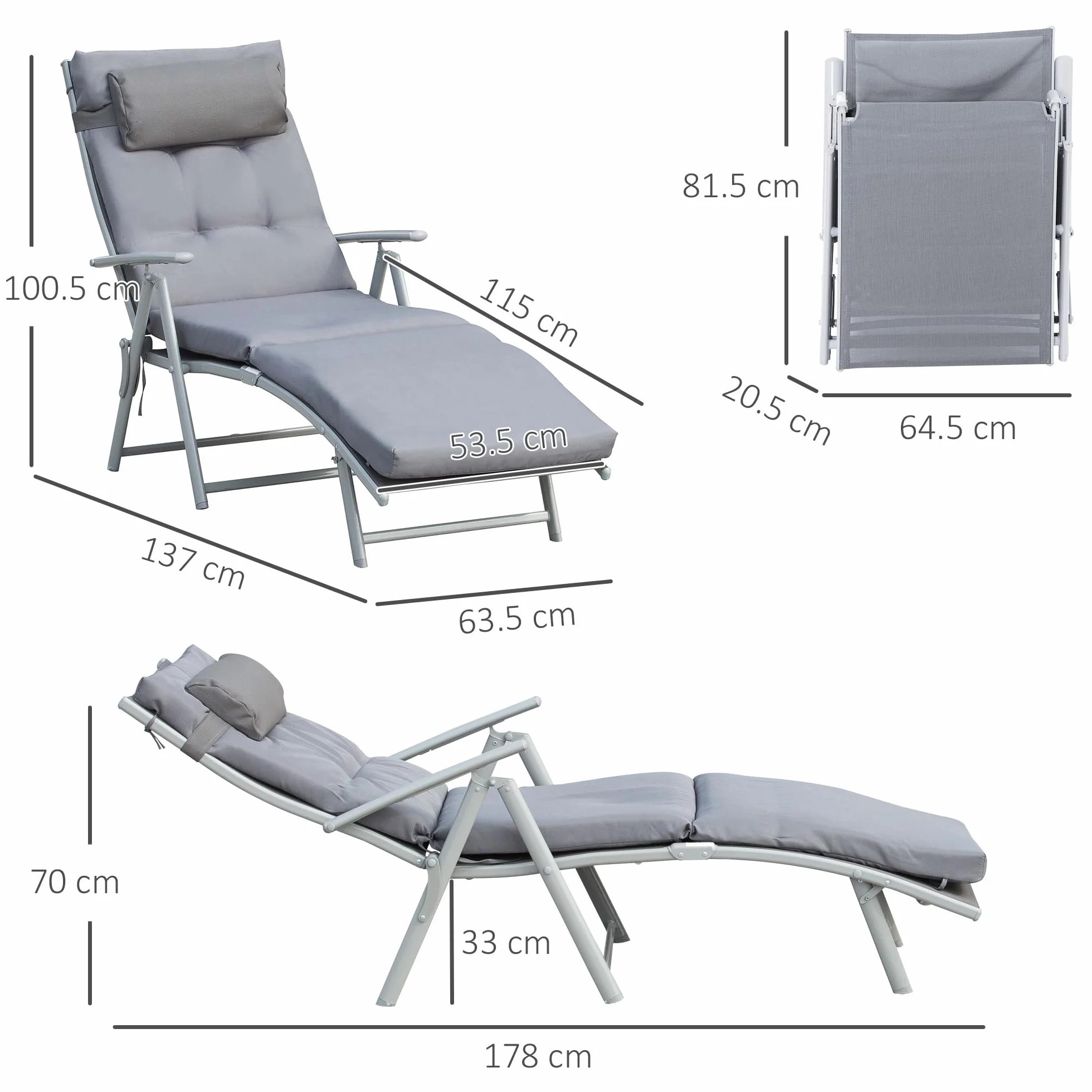 Outsunny Sdraio da Giardino Pieghevole 137x63.5x100.5cm Grigio con Materassino e Cuscino