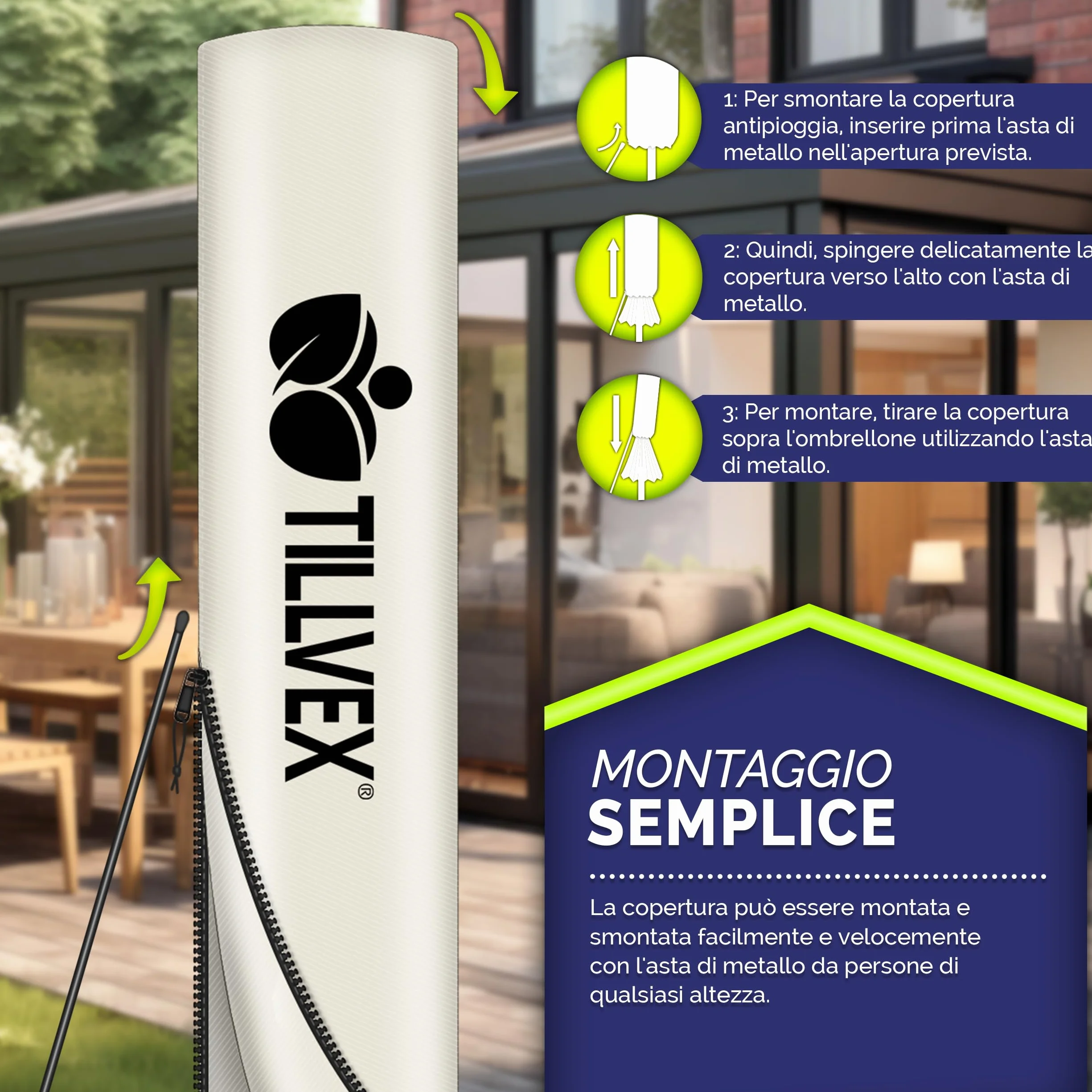 Tillvex Ombrellone da Giardino Ø 300 cm Alluminio Con Protezione UV Impermeabile Base Inclusa