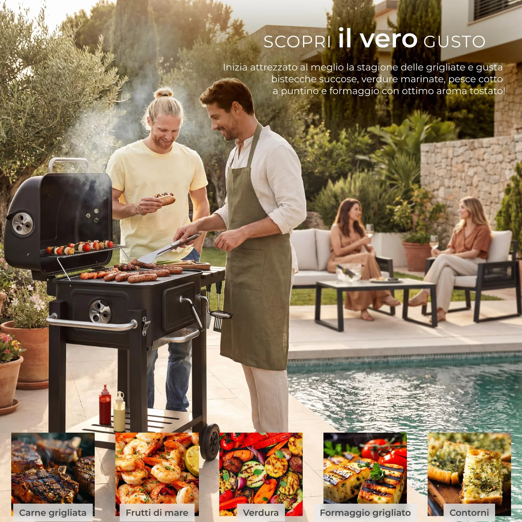 Tectake Barbecue Carbonella Portatile 110x64x104 cm Griglia Acciaio 3 Ganci 2 Ruote Cassetto Carbone Termometro Coperchio Nero