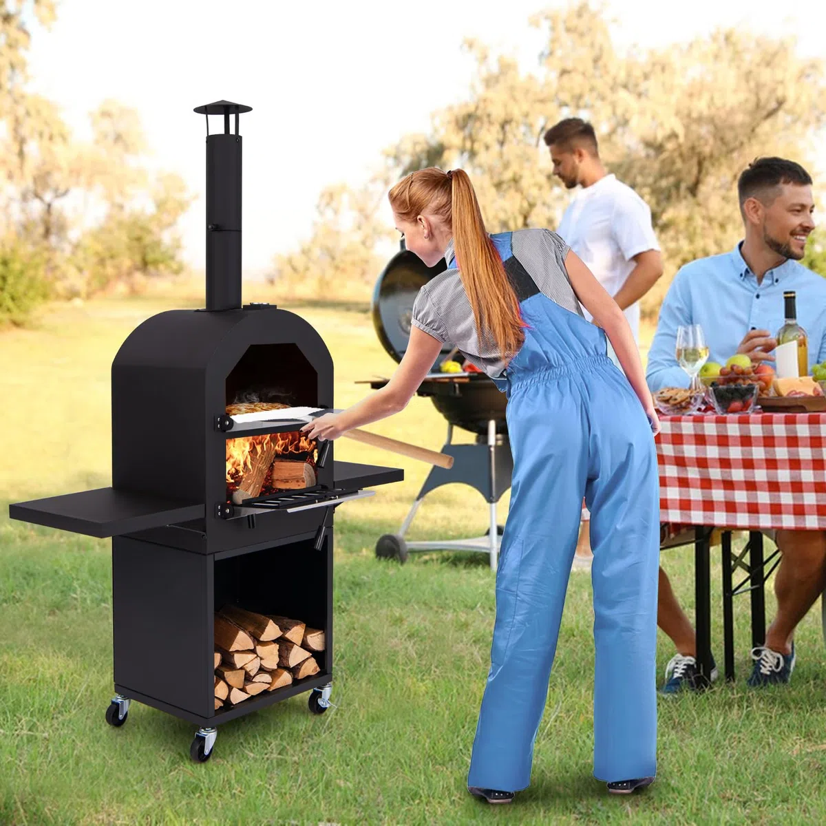 KOMFOTTEU Forno per pizza per esterni portatile 2 strati con borsa trasporto, pala, termometro, cottura per barbecue campeggio picnic