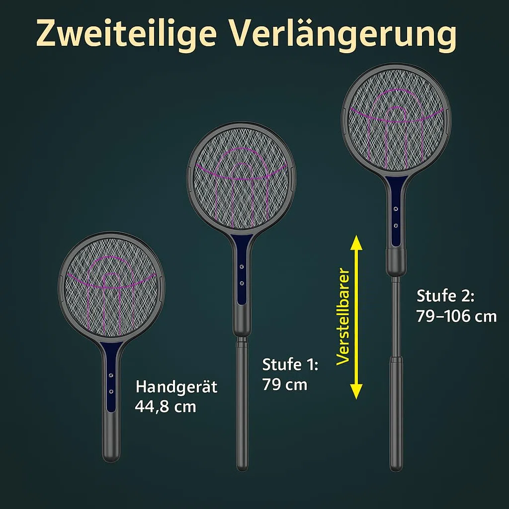 Scacciamosche elettrico 3500V USB-C ricaricabile 1200mAh testa rotante manico telescopico 45-106 cm