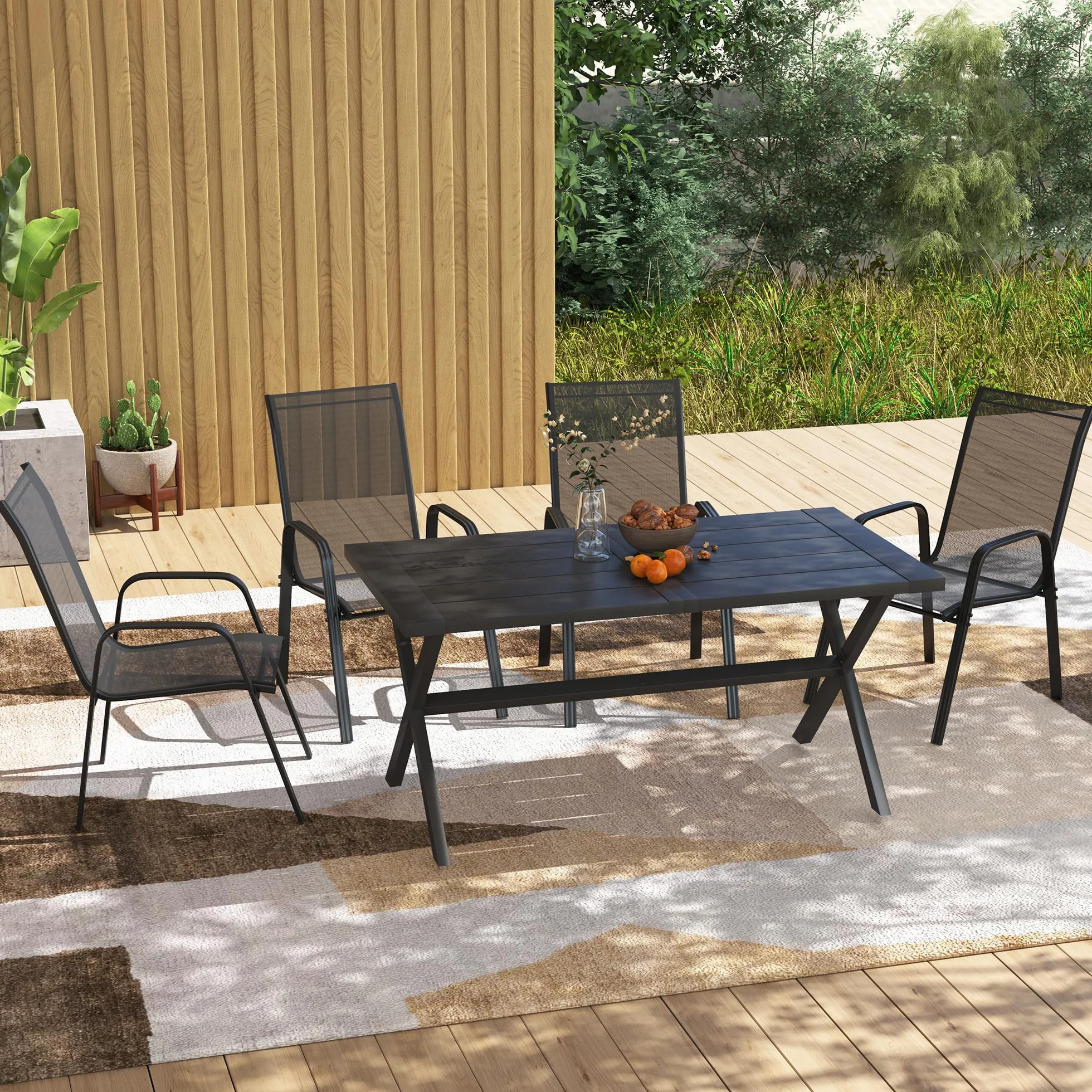 Outsunny Set 4 Sedie da Giardino Impilabili con Braccioli in Metallo e Texteline Impermeabile, 54x75.5x95cm, Nero