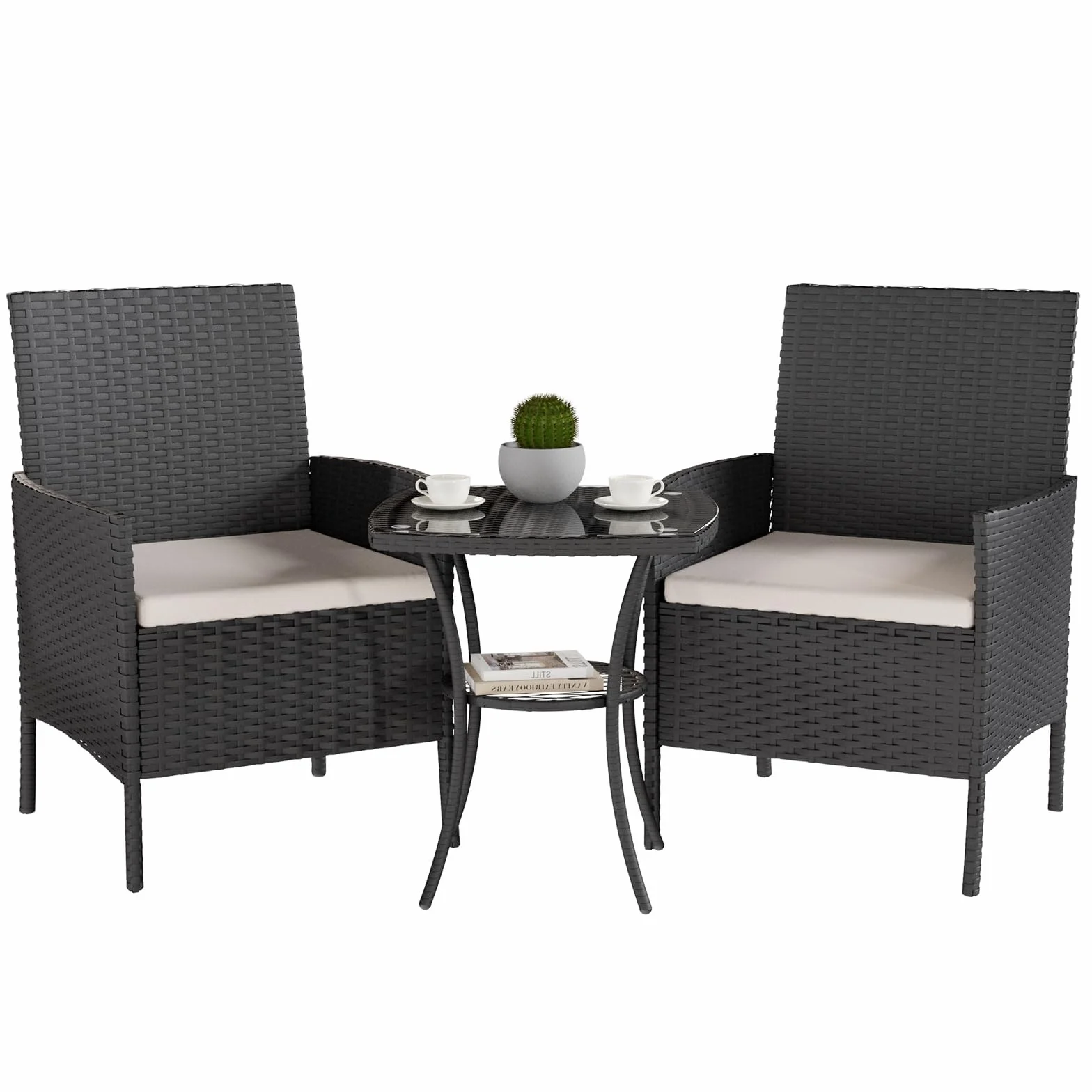 UDPATIO Salotto da Giardino in Rattan, Set Mobili da Giardino 3 Poltrone e Tavolino, Struttura Metallica, Vetro Temperato, Nero