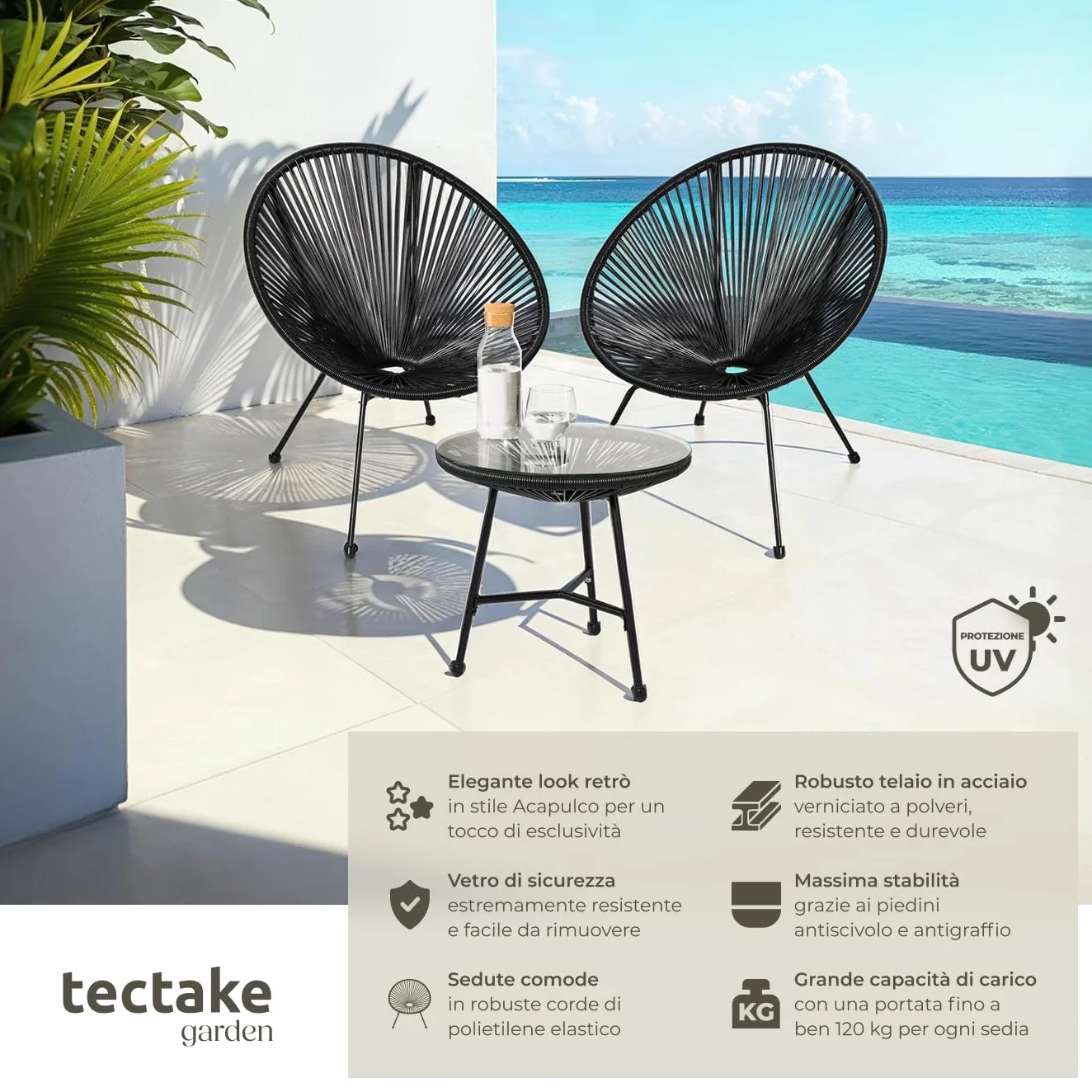 Tectake Set 2 Sedie Santana con Tavolo da Esterno, Tavolo Retrò con Vetro di Sicurezza e Telaio in Acciaio, Nero
