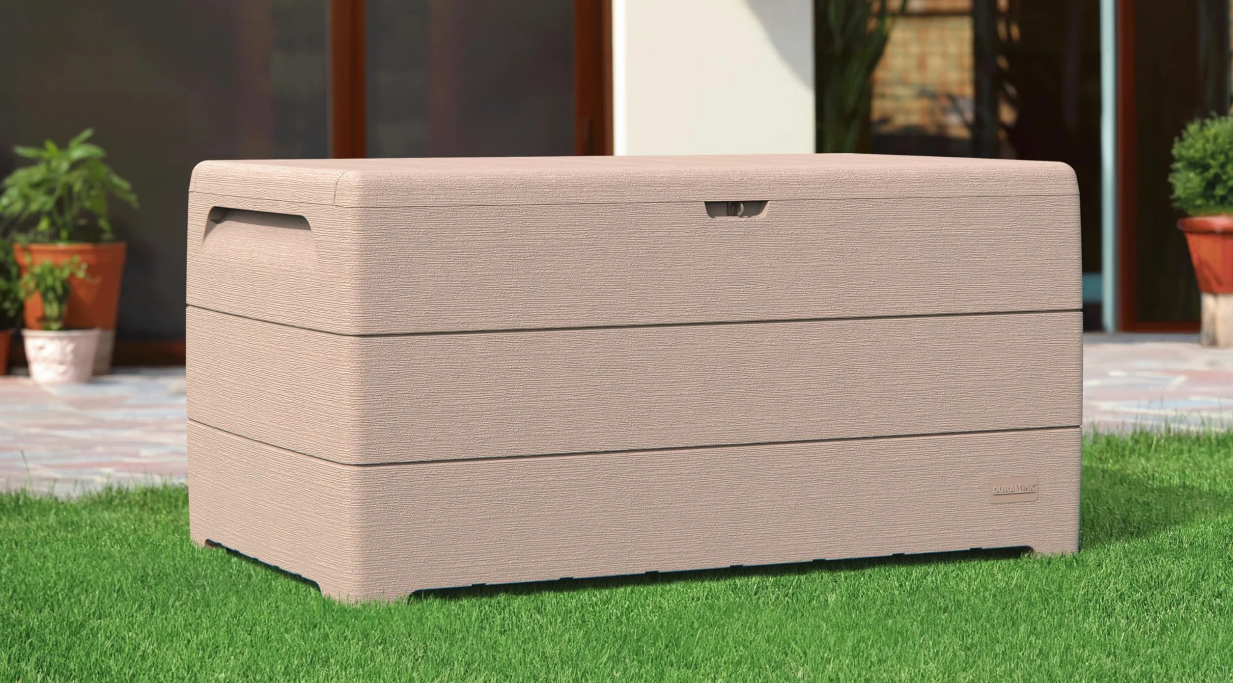 Duramax Cedargrain Durabox 270 Litri/ 71 Galloni Baule da Giardino, Cassapanca Contenitore da Esterno in plastica con ruote e maniglie, Scatole Per Esterni, Tortora caldo, 55.7 x 45.3 x 117.2 cm