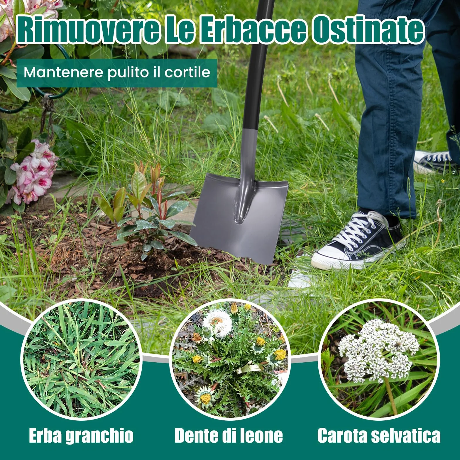 HYCHIKA Pala da Giardino Picco, Vanga da Giardinaggi, Pala da Scavo, Acciaio Temprato di Alta Qualità, Manico Ergonomico Impugnatura a D, per Piante, Agricola, Diserbo, Spalatura Neve