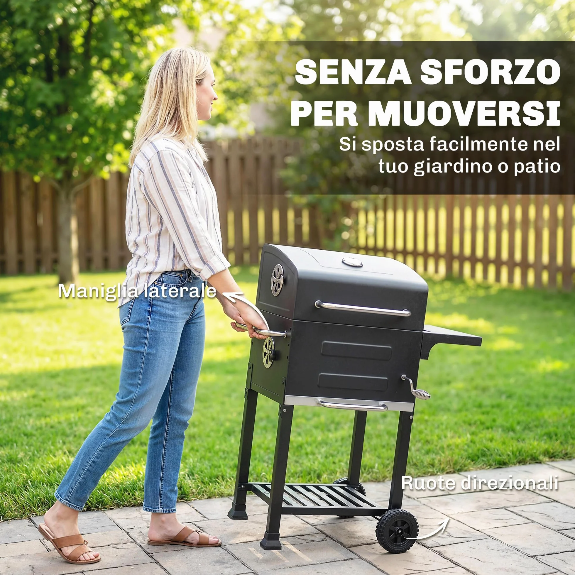 Outsunny Barbecue Carbonella Stretto z Rusztem, Regulowany Nawiew, Wózek BBQ z Pokrywą, Stal, Półka, Termometr, Popielnik, Czarny
