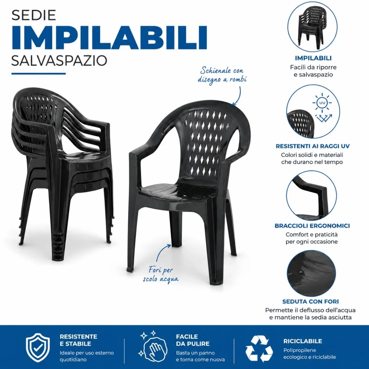 Tomaino Marshall Tavolo e Sedie da Giardino in Plastica 4 Posti ANTRACITE