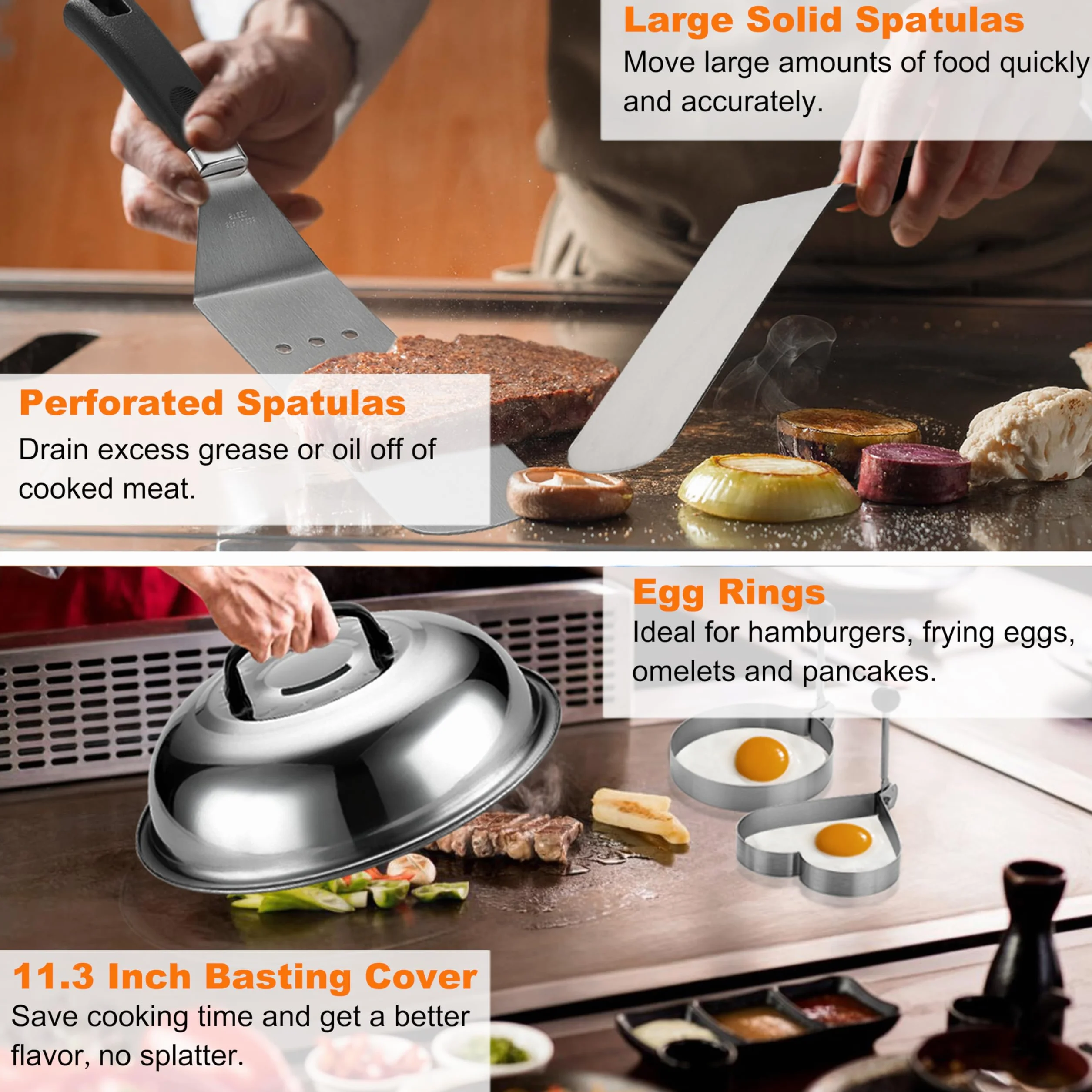 Grilljoy Set Barbecue Professionale in Acciaio Inox, Utensili per Griglia, Spatola per Piastre, Kit Smash Burger con Pressa per Hamburger in Ghisa, 28 Pezzi Accessori BBQ per Uomo