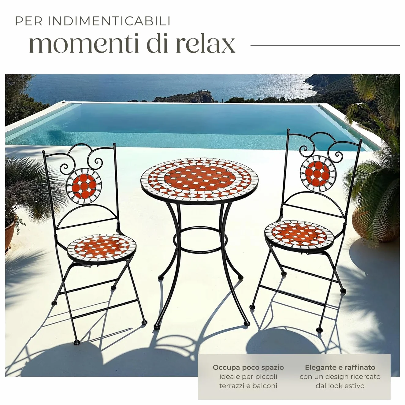 tectake Set da Giardino con Lavorazione a Mosaico, Tavolino e Sedie Pieghevoli, Telaio in Metallo, Marrone