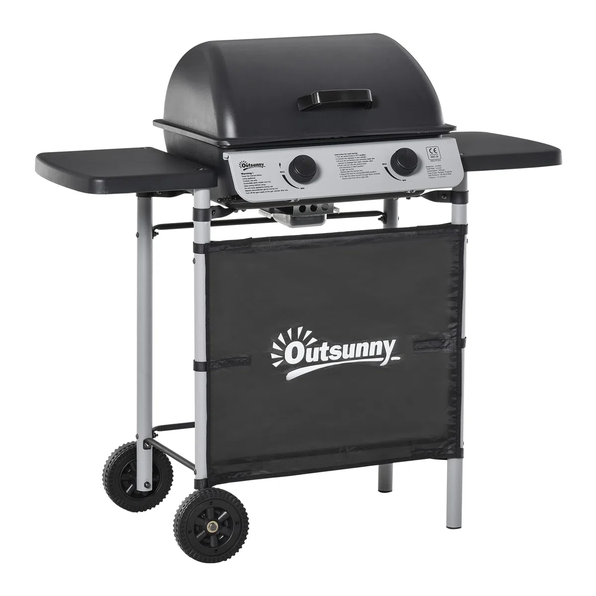 Outsunny Barbecue a Gas 5.6kW 2 Bruciatori, BBQ in Acciaio con Ruote e Mensole, 104x49x99cm Nero
