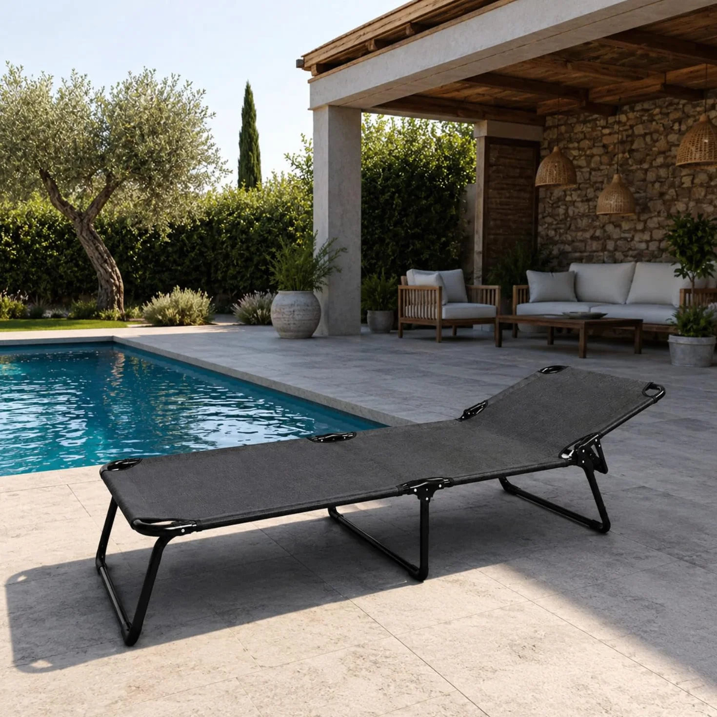 Lettino Pieghevole Prendisole Schienale Reclinabile Struttura Metallo Nero 187x53x24 cm Grigio Scuro