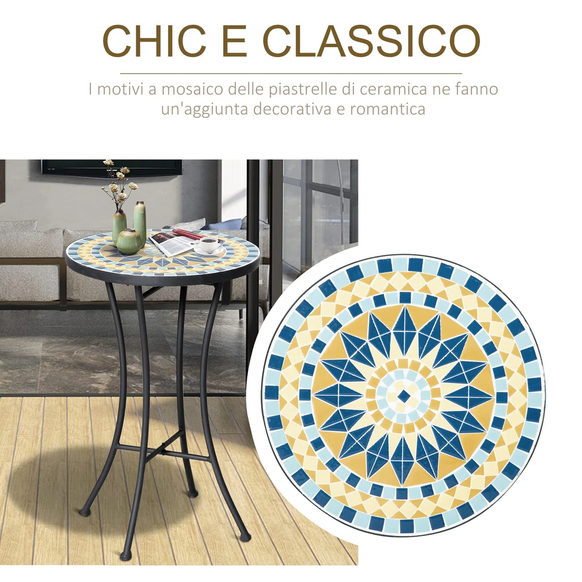 Outsunny Tavolino da Giardino in Metallo con Piano a Mosaico in Ceramica 35.5x53.5cm Multicolore