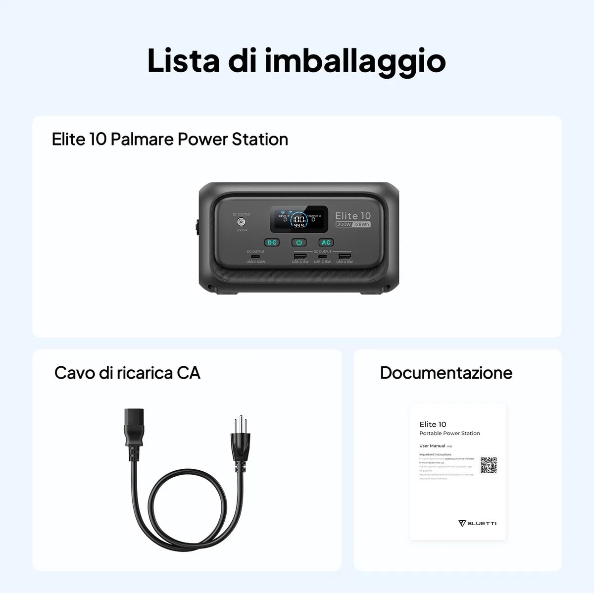 BLUETTI Elite 10 Mini Power Station Portatile, Batteria LiFePO₄ da 128Wh con Presa AC da 200W, Backup UPS da 10ms, Ricarica Rapida – Generatore Solare per Campeggio, Viaggio ed Emergenze