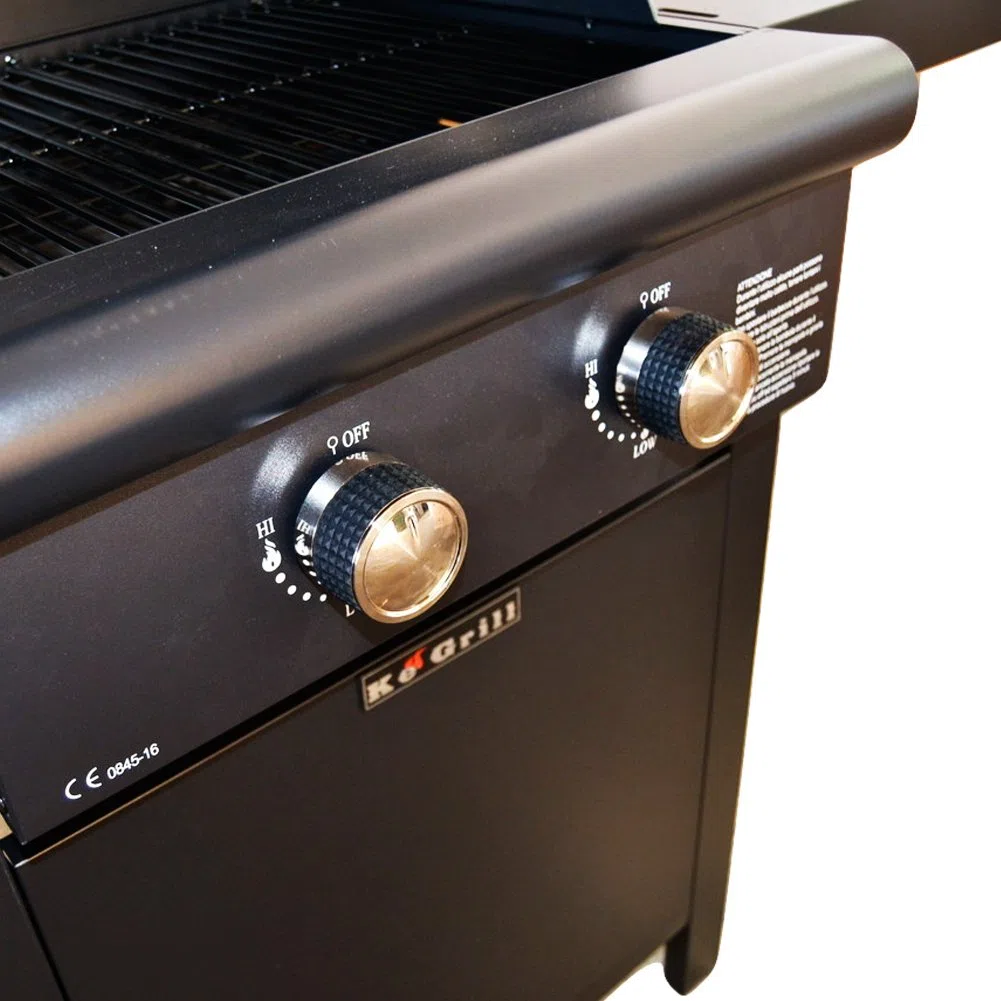 BAKAJI Barbecue a Gas 2 Fuochi Doppio Sistema di Cottura Pietra Lavica Fornello Laterale Acciaio Smaltato Termometro Integrato