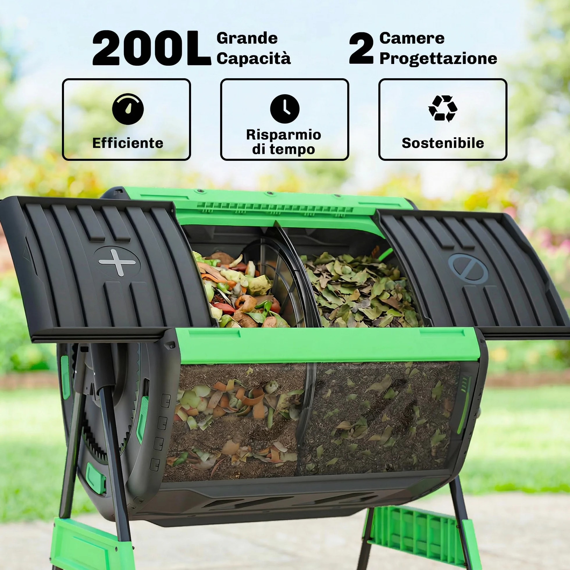 Outsunny Compostiera da Giardino Rotante 200L a Doppia Camera, Girevole 360°, Prese d'Aria, PP Senza BPA