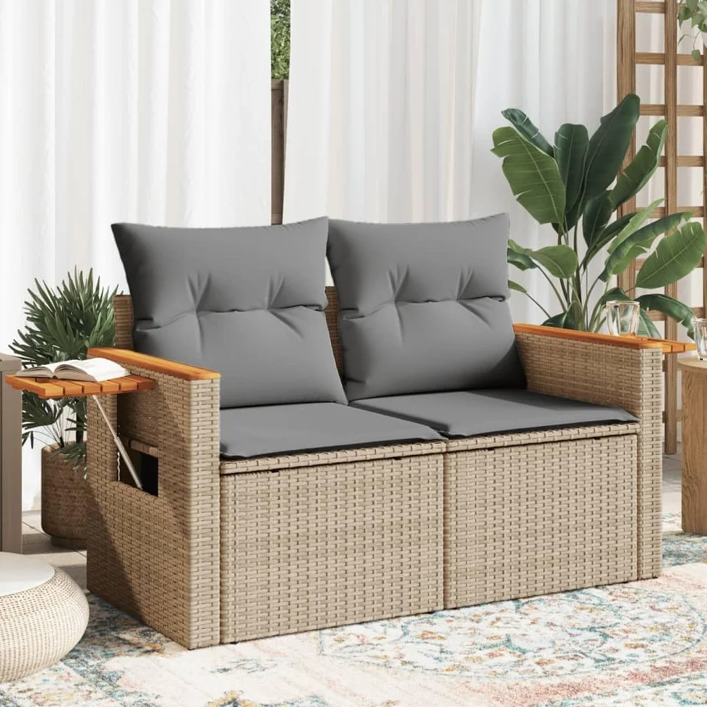 IKAYAA Divanetto da Esterno 2 Posti con Contenitore Divano da Giardino in Polyrattan Salotto da Giardino in Polyrattan Set da arredo per Esterno con Cuscini-Beige e Grigio Chiaro-2 pz