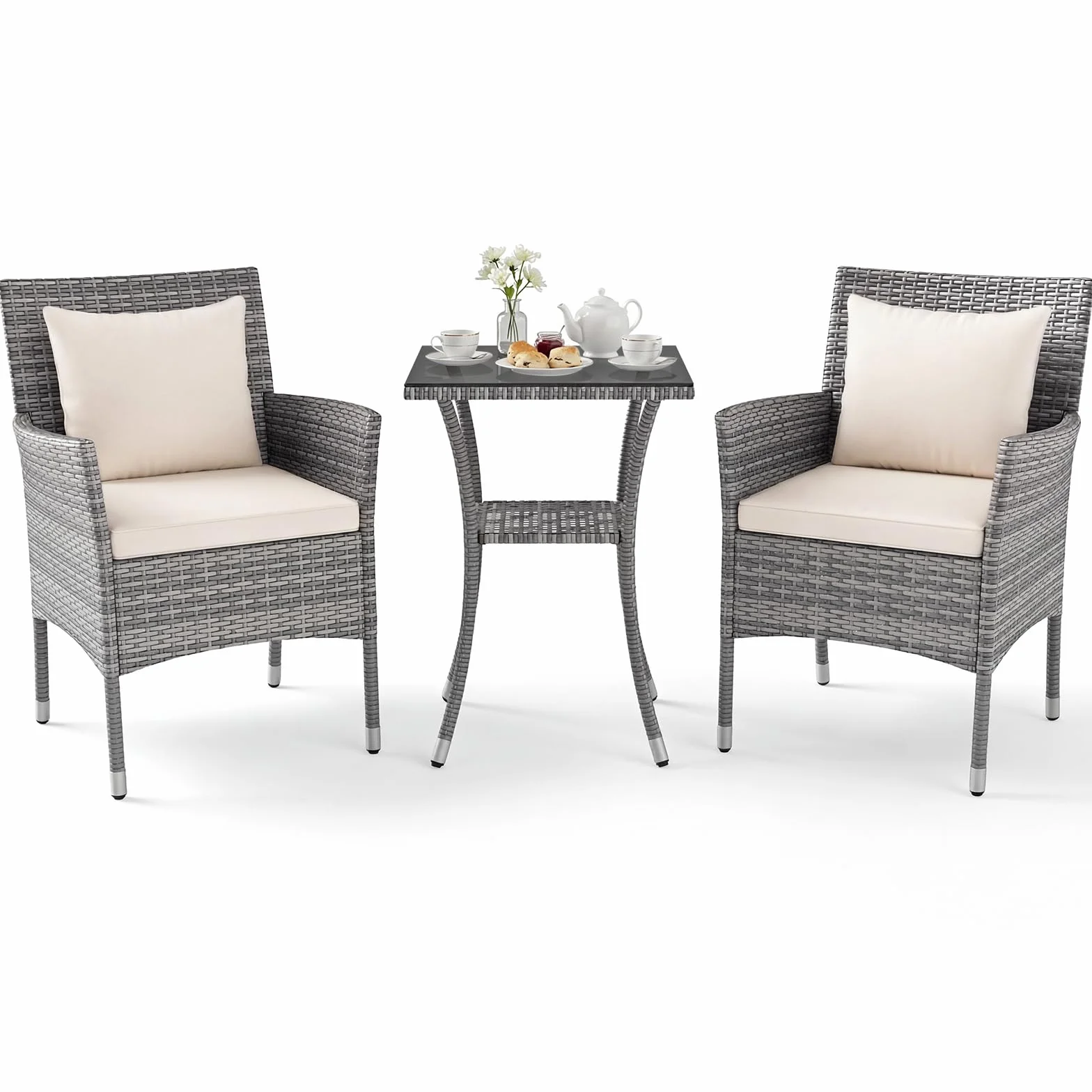 LIFEZEAL Salotto da Giardino in Rattan PE, Set 2 Divanetti con Cuscini Rimovibili e Tavolino in Vetro Temprato
