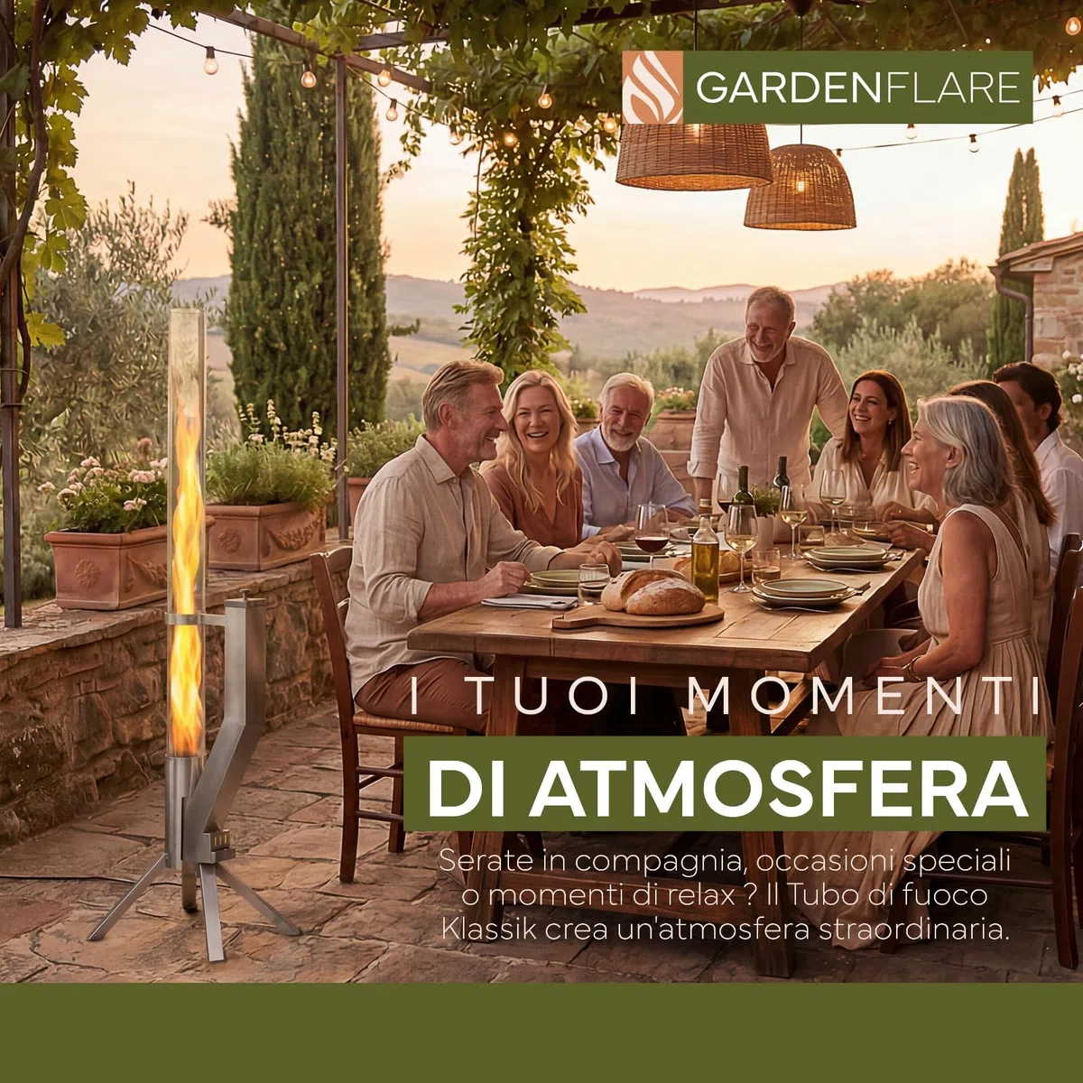 GARDENFLARE Colonna di Fuoco in Acciaio Inox e Torcia a Pellet per un'Atmosfera Incantevole – Elegante Alternativa ai Riscaldatori da Terrazza e ai Camini da Giardino per la Tua Terrazza (Argento)